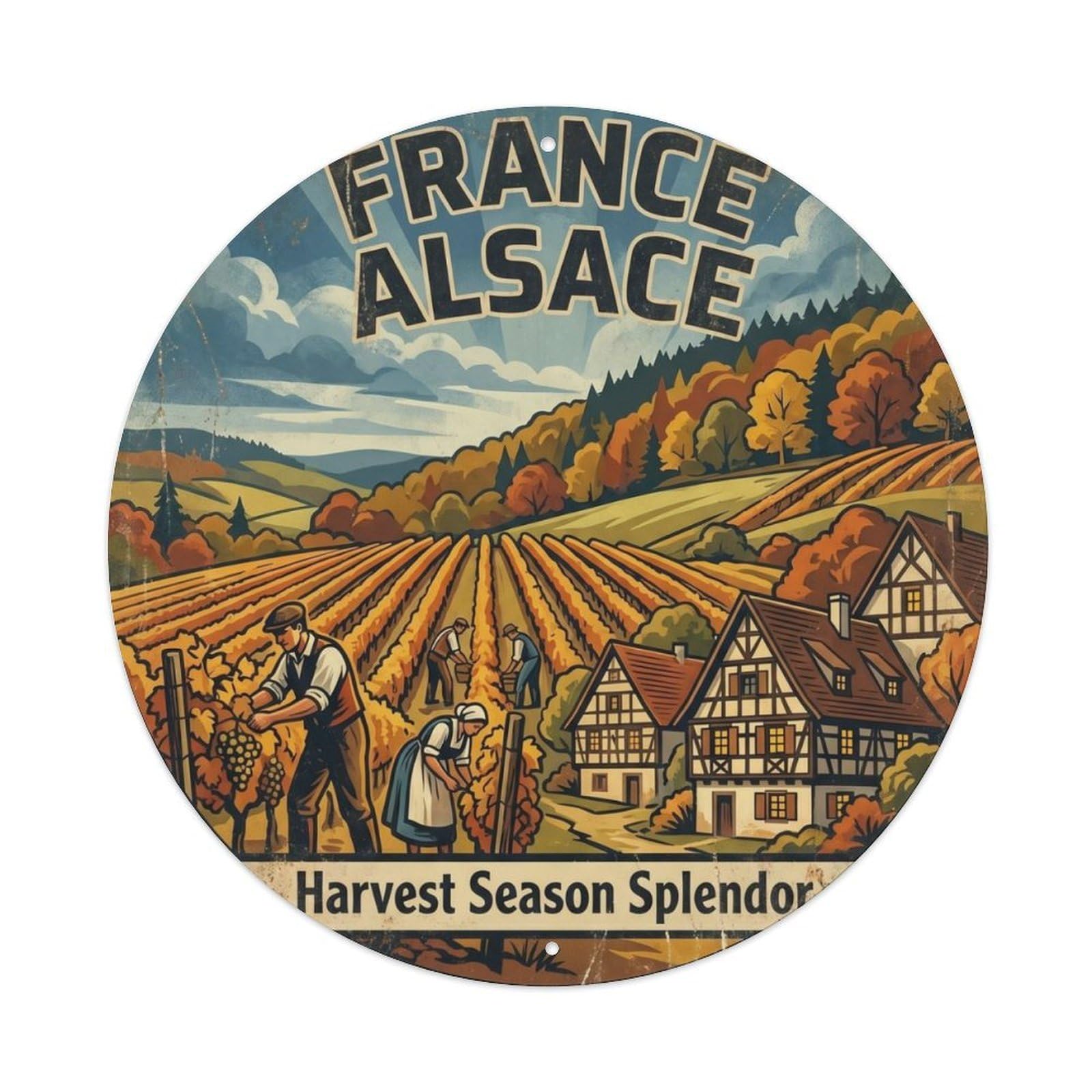 Vintage Travel France Alsace Harvest Season Metal Tin Sign Plaque Wall Decor for Cafe, Club Bar, Office, Home Garden Round Metal Poster 8x8Inch