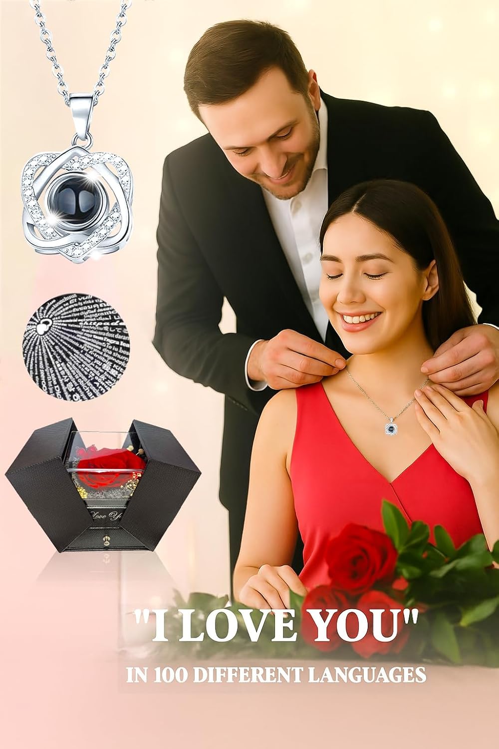 Preserved Real Rose with I Love You Necklace in 100 Languages – Romantic Gift for Women, Wife, Mom, Girlfriend – Birthday, Anniversary, Valentine’s Day, Mother’s Day, Christmas - Image 2