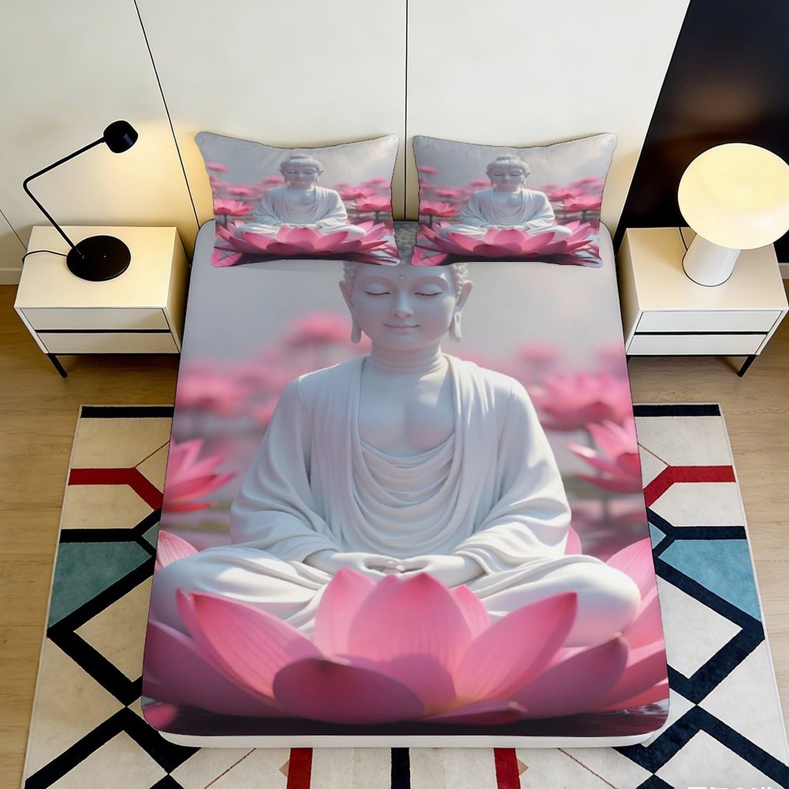 3D Printed Buddha Lotus Fitted Sheet Microfiber Soft Pink Mandala Bed Cover for Bedroom Dorm Mattress Protector 90x200x25cm