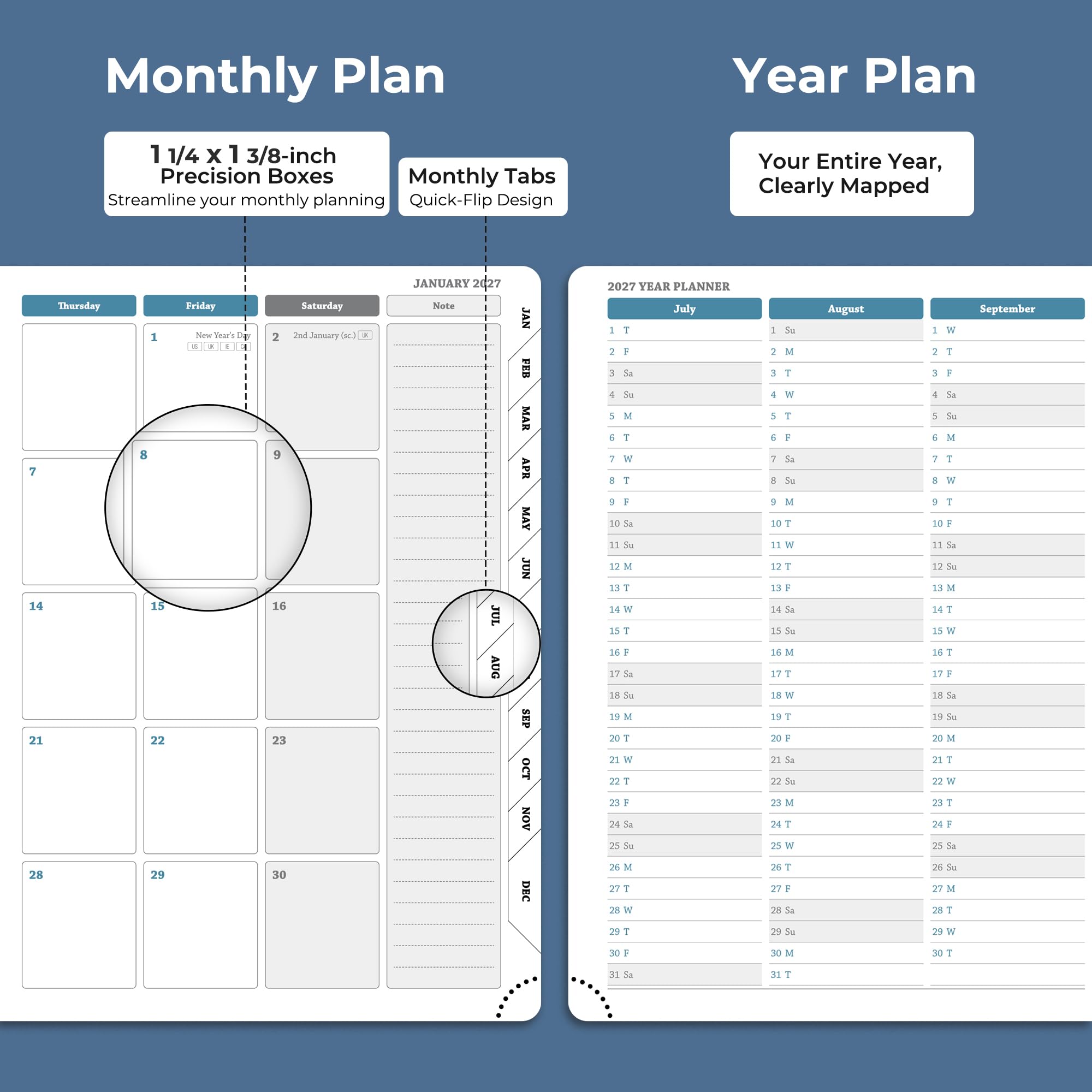 Agenda diaria semanal y mensual 2026-2027, 8.5 x 6.5 pulgadas, calendario encuadernado en espiral de 18 meses con soporte autoadhesivo para bolígrafos, plan académico 2026 con cubierta suave