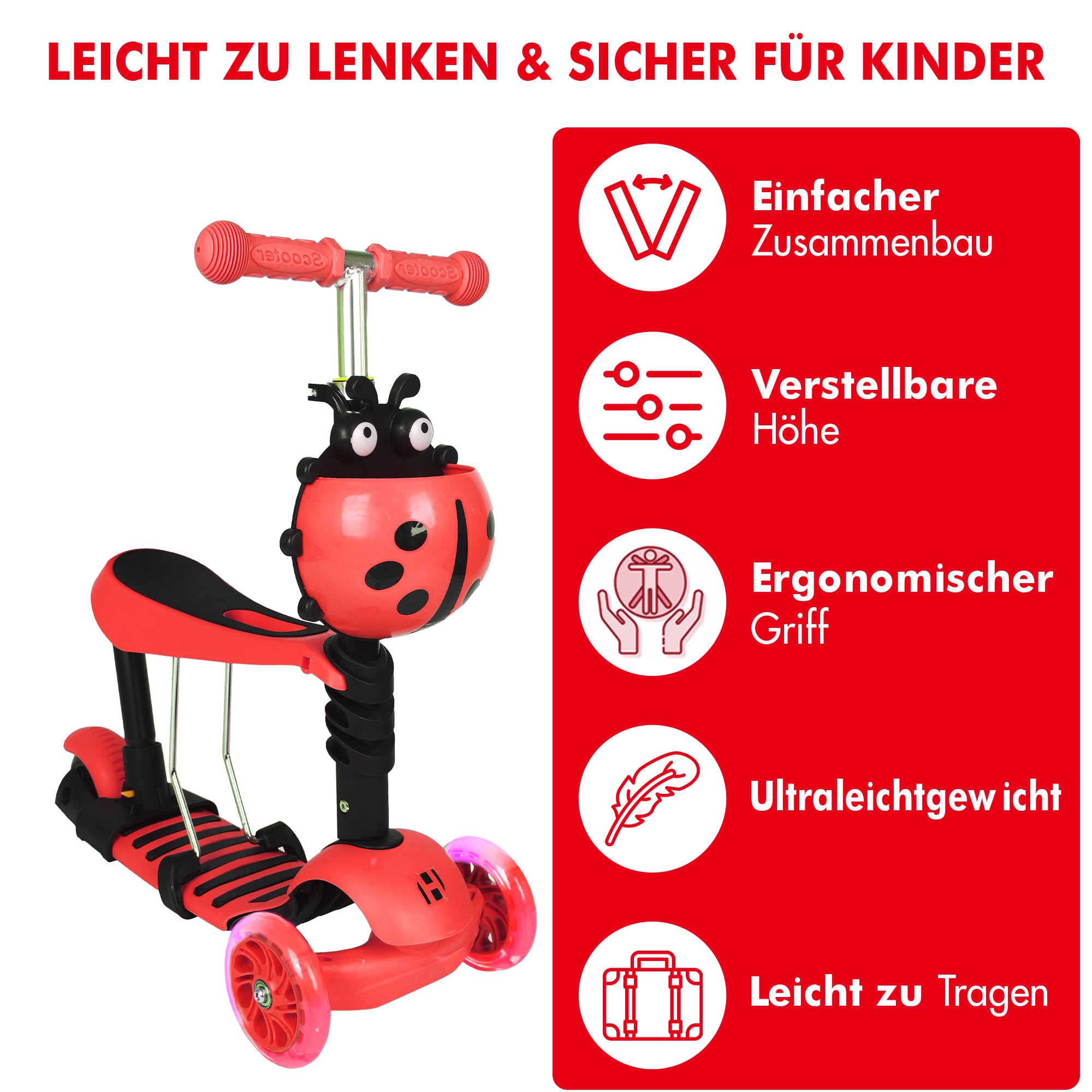 Habib Gruppe Monopattino 3 in 1 per bambini e bambine – sedile rimovibile, ruote a LED, manubrio regolabile in altezza, scooter – Monopattino – per bambini da 2 a 8 anni