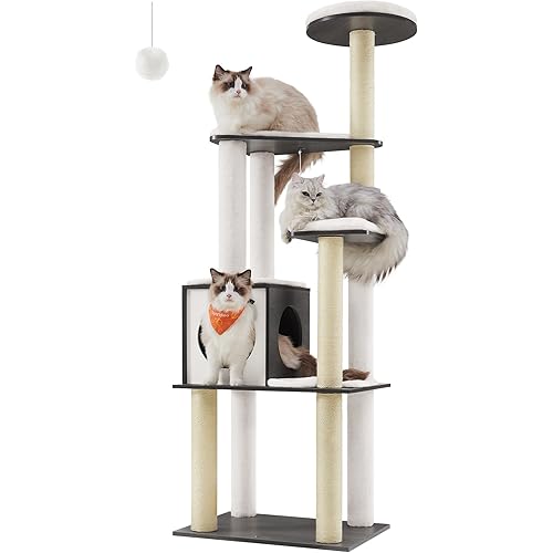 Feandrea WoodyWonders Cat Tree, 65-Inch Modern Cat Tower for Indoor Cats, Multi-Level Cat Condo with 5 Scratching Posts, Perch, Washable Removable Cushions, Cat Furniture, Misty Gray UPCT166G03