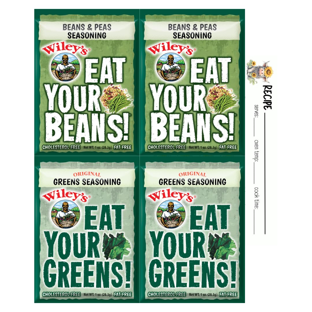 Wileys Vegetable Seasoning Variety 4 Pack Bundle | Greens Seasoning Mix, Beans & Peas Seasoning Mix, 2 Packets of Each | with Blank June Street Market Recipe Card (style may vary)