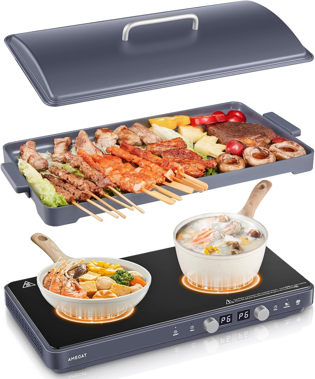 Double Induction Cooktops, Induction Cooktop 2 Burners with Removable Iron Cast Griddle Pan Non-stick, Sensor Touch 8 Power Levels, Independent Temperature Control
