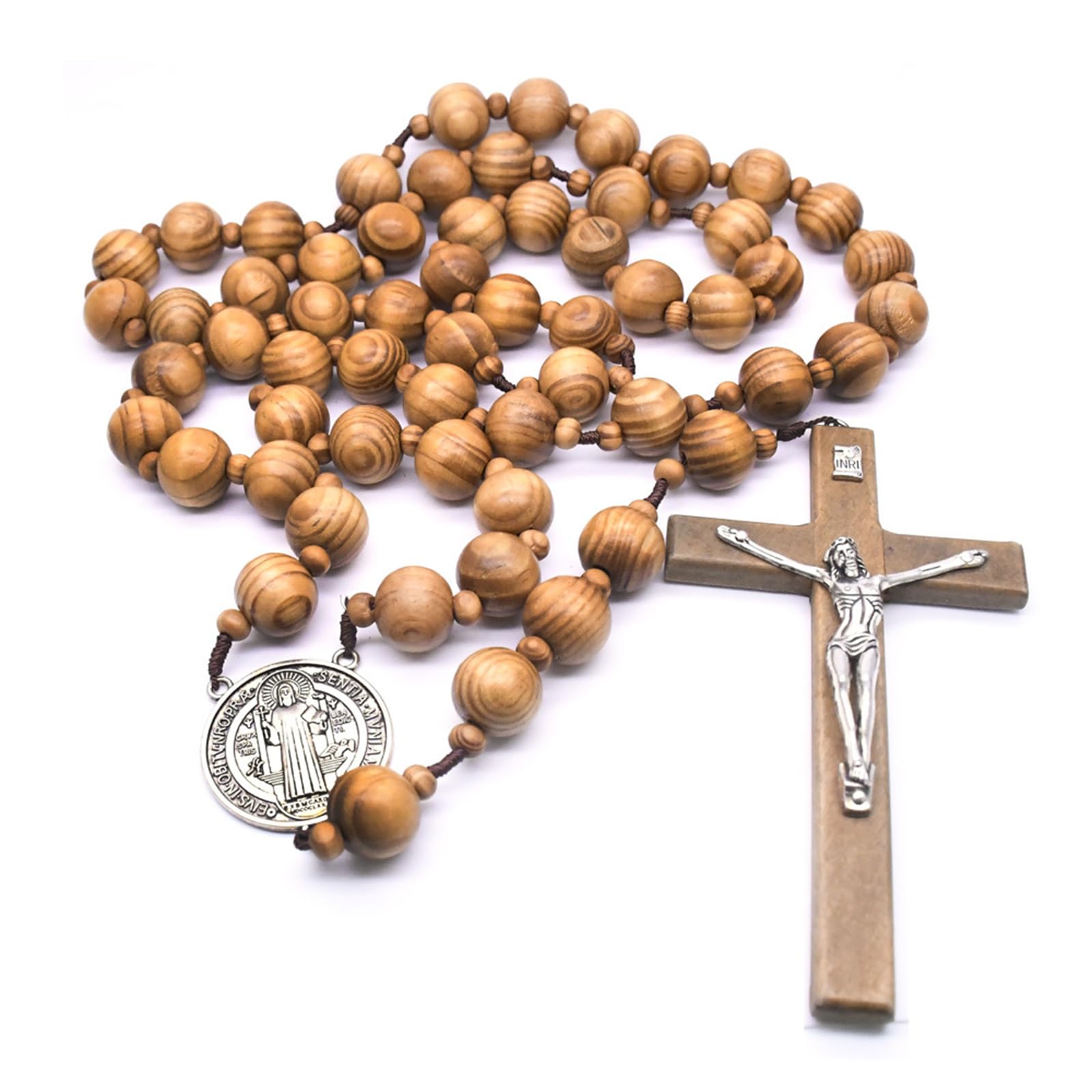 Tsophreniq Women's Multicolor Round Wood Rosary Beads Necklaces Prayer Pendant Wall Cross Necklaces Religious Men Jewelry Rosary Necklace For Men