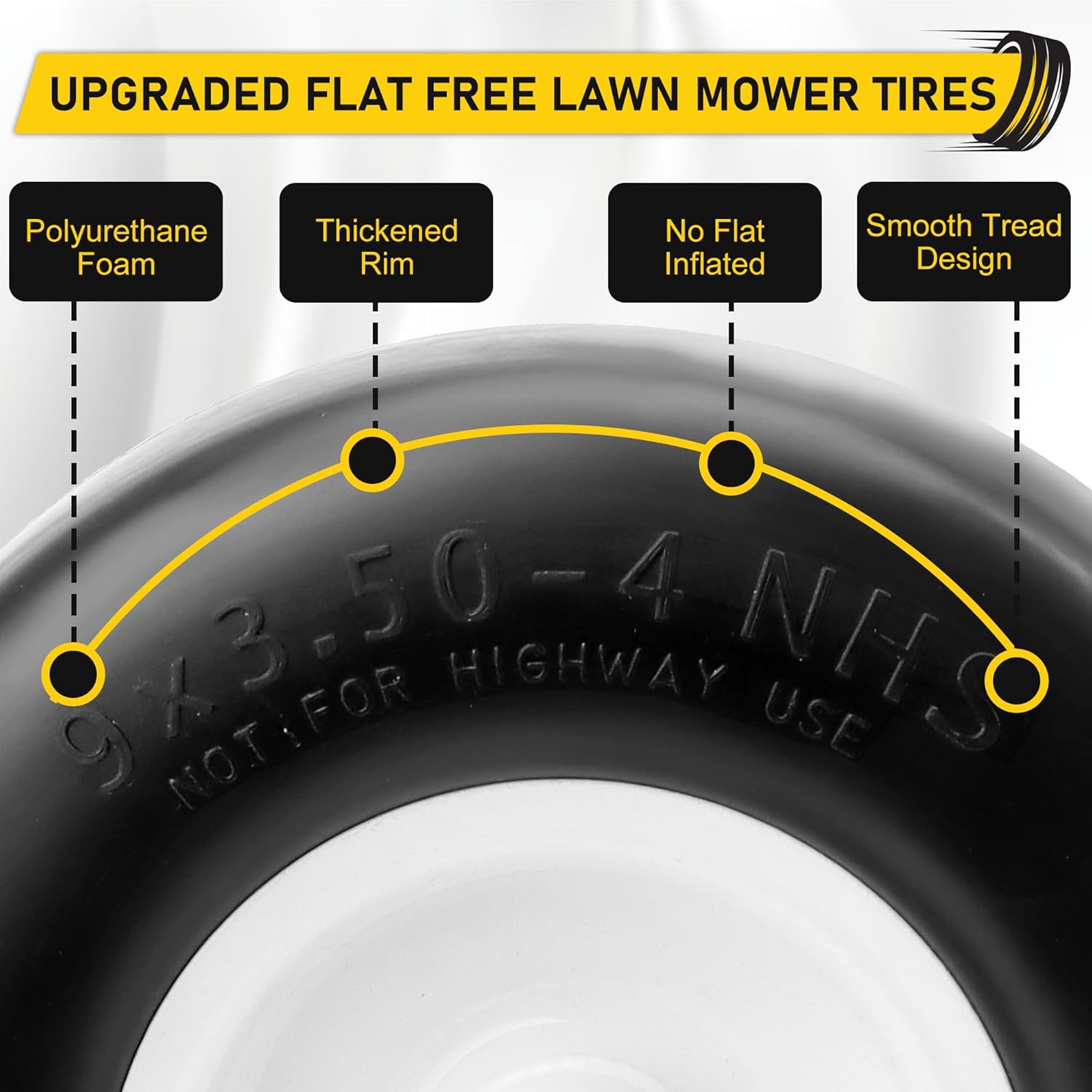 9x3.50-4 Lawn Mower Tires Flat Free, Zero Turn Mower Front Tires for Residential and Commercial, 9x3.50-4 Flat Free Tire and Wheel, 3/4" & 5/8" Bushing, 3.25"-5" Center Hub, 2Pack