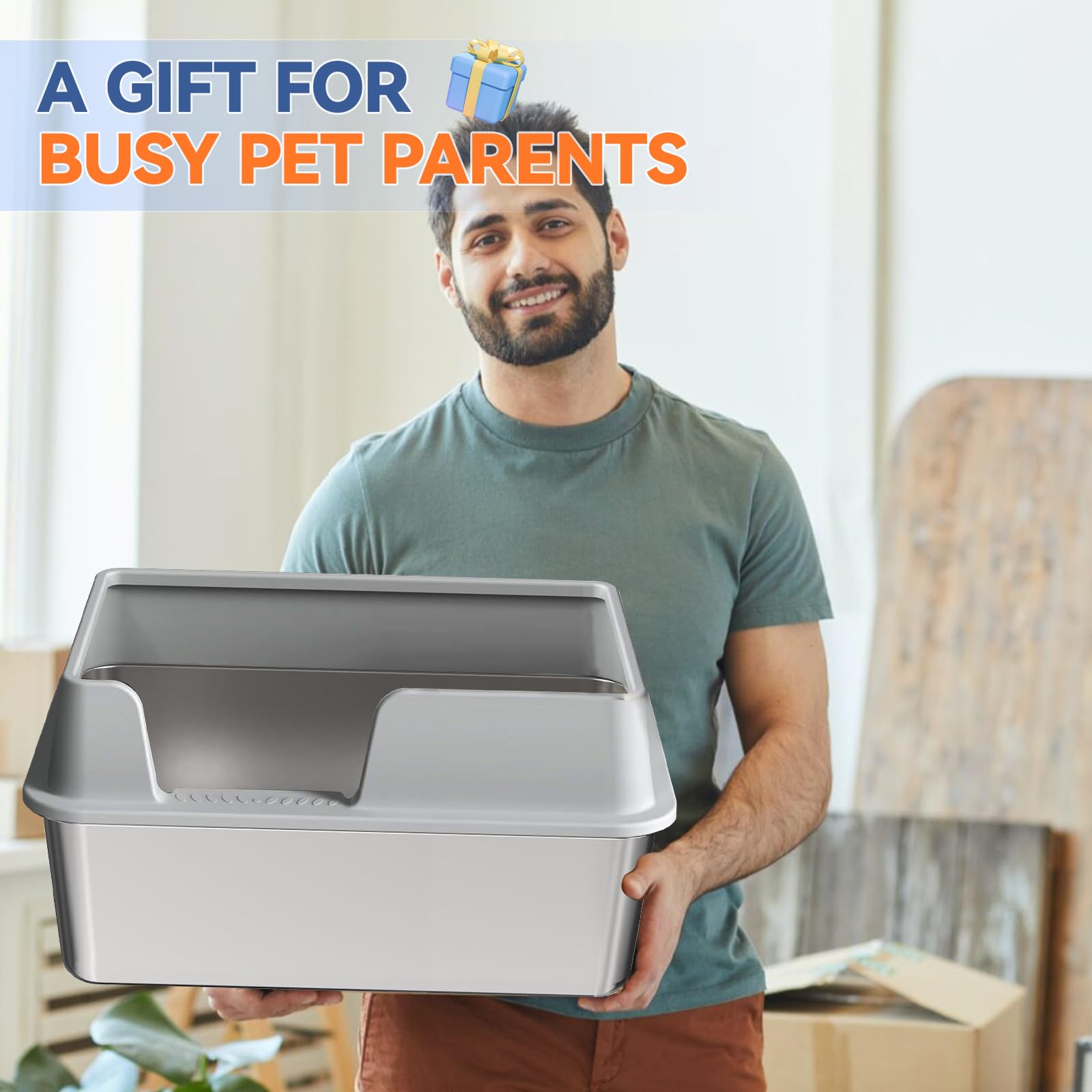 Katzenklo Edelstahl XXL, Stainless Steel Litter Box, Katzentoilette offene mit Metall Schaufel, Cat Litter Box hohem Rand, Katzentoilette Edelstahl, Katzenklo groß leicht zu reinigen-Grau