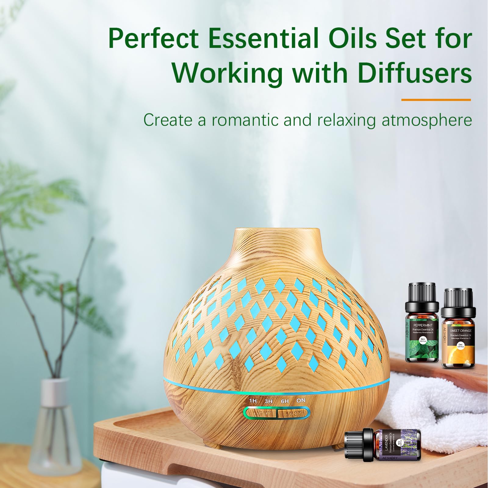 AESHORY Aceites Esenciales para Humidificador TOP 6 x 10ML, Aceite Aromáticos Natural, Set de Aceites Esenciales Aromaterapia para Difusor, SPA - Lavanda, Menta, Árbol de Té, Eucalipto, Naranja Dulce