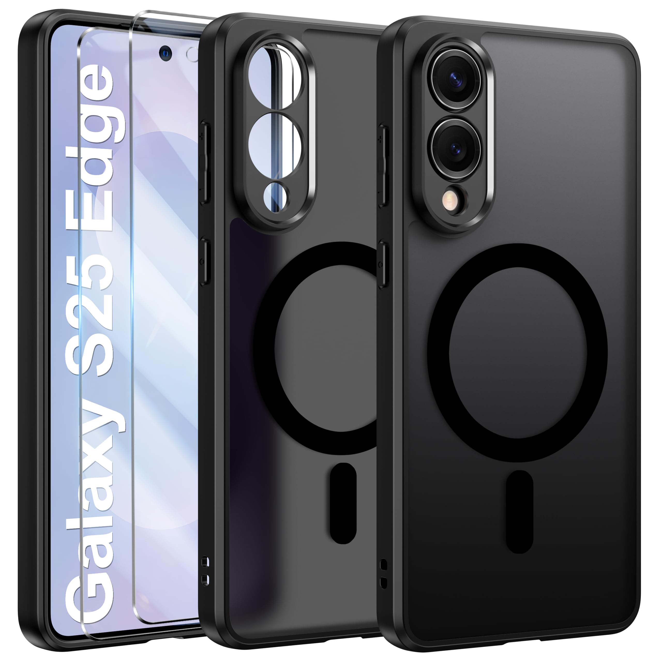 Opkiegrn Magnetisch für Samsung Galaxy S25 Edge Hülle, Schwarz | 2x Schutzfolie, Kompatibel mit MagSafe, Vollständiger Kameraschutz Handyhülle, Stoßfest Durchscheinende Matt SchutzHülle