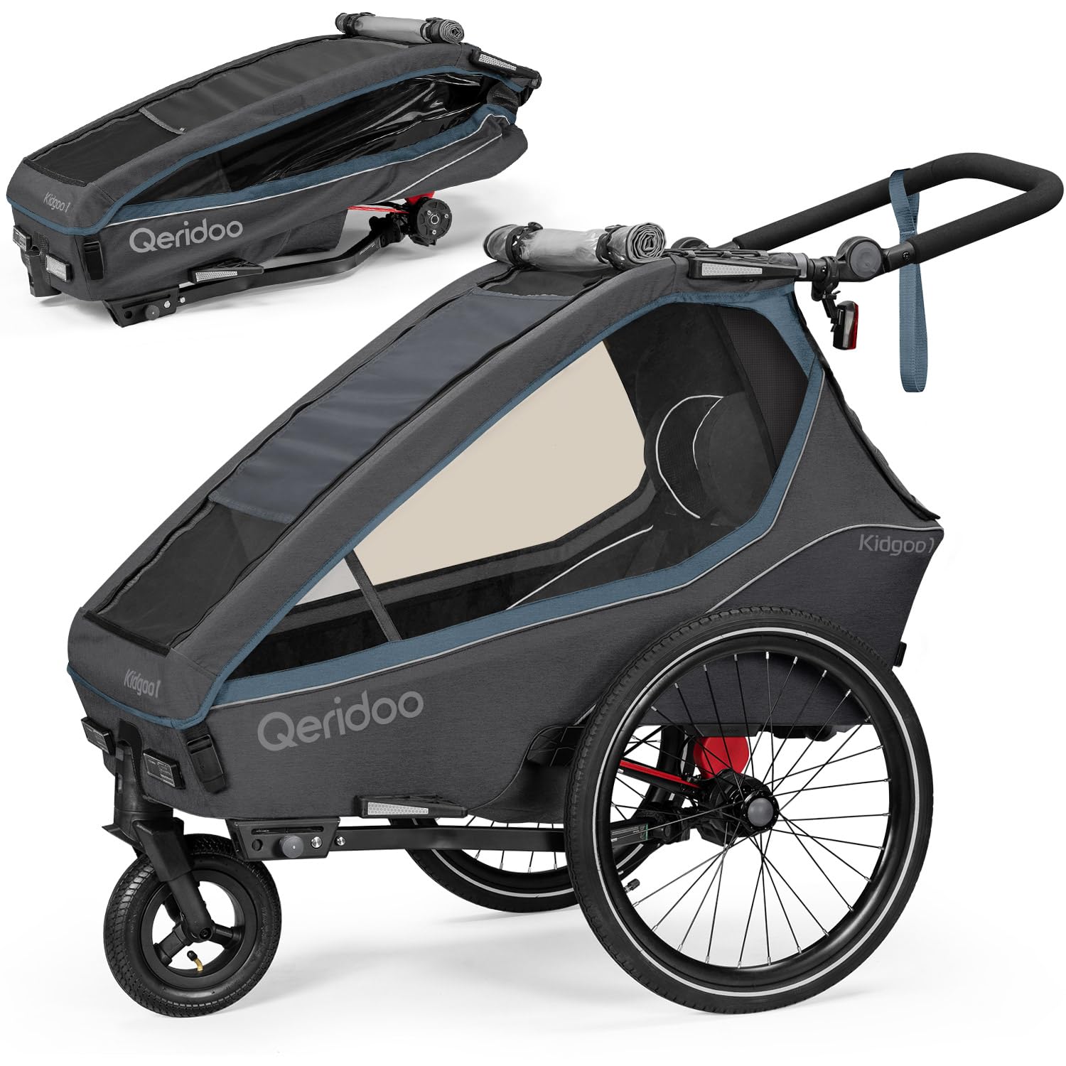 Qeridoo Rimorchio per bicicletta Kidgoo 1 Navy Blue con cintura a 5 punti e Easy ARS, pieghevole, con ruota girevole a 360 gradi e protezioni per la testa brevettate, per 1 bambino