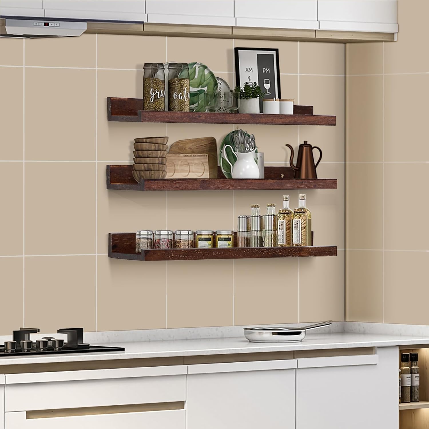 azsky walnut floating shelves 24 inch picture ledge shelf for wall photo shelves with lip for pictures nursery room bookshelf wood wall shelves set of 3 for bedroom living room bathroom kitchen deep walnut 24in set 3