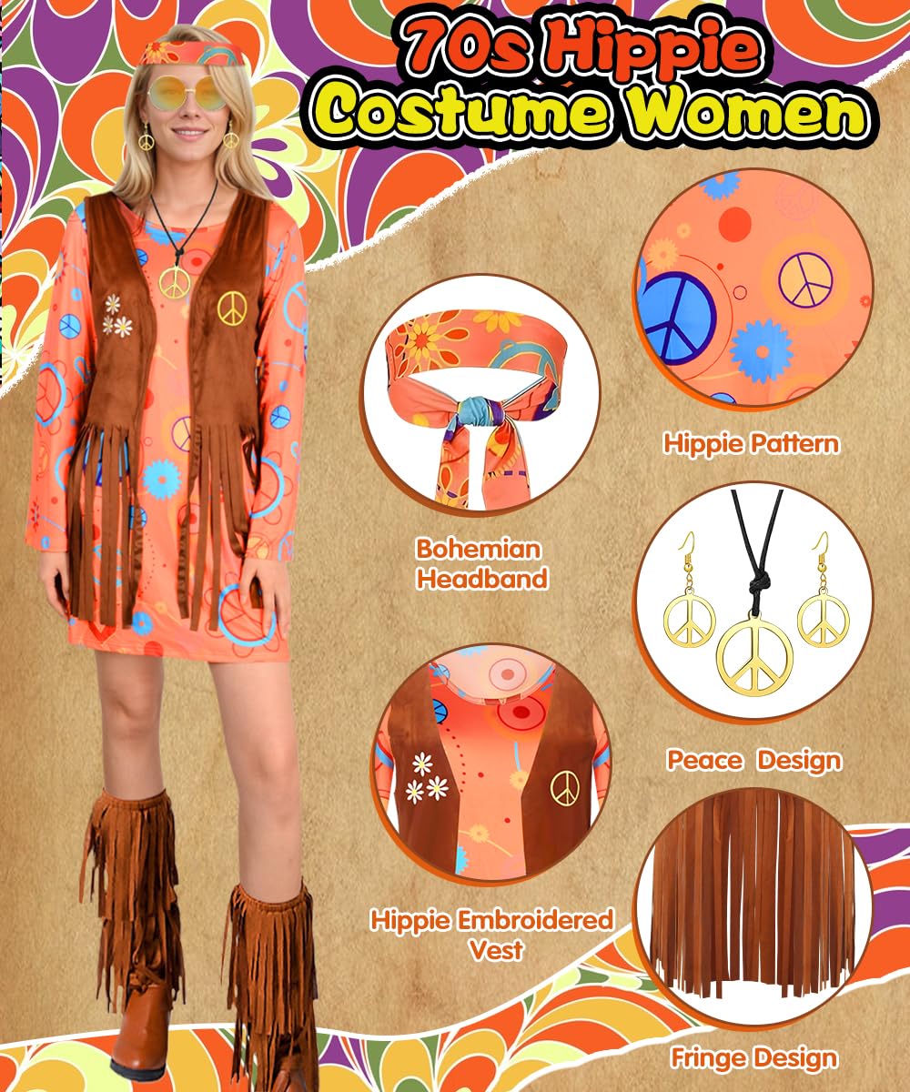 Disfraz Hippies Mujer, Conjunto de Disfraz Hippie Años 70 y Accesorios | Ropa Hippie y Chalecos con Flecos para Cosplay, Halloween, Carnaval y Fiestas de los Años 60 y 70
