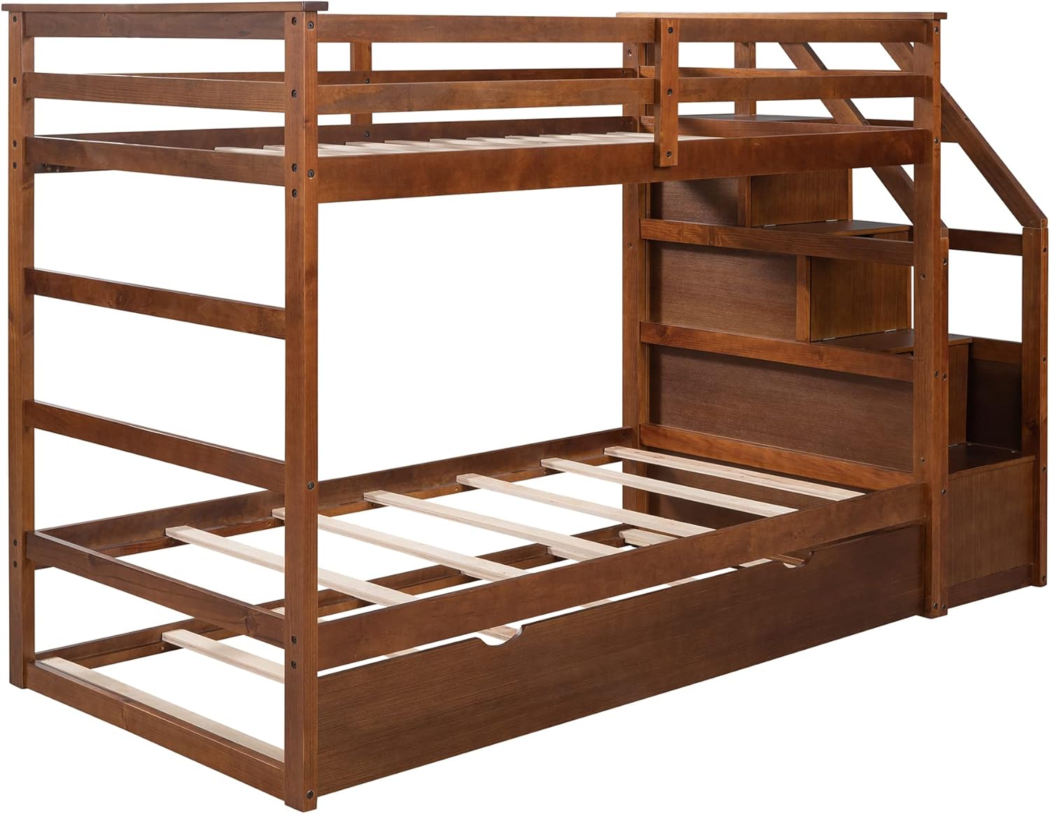 Harper & Bright Designs Bunk Bed with Trundle and Staircase, Wood Twin Over Twin Bunk Beds Frame with Safety Rail, Twin Size Trundle Bunk Bed for Kids Teens Adults (Walnut)