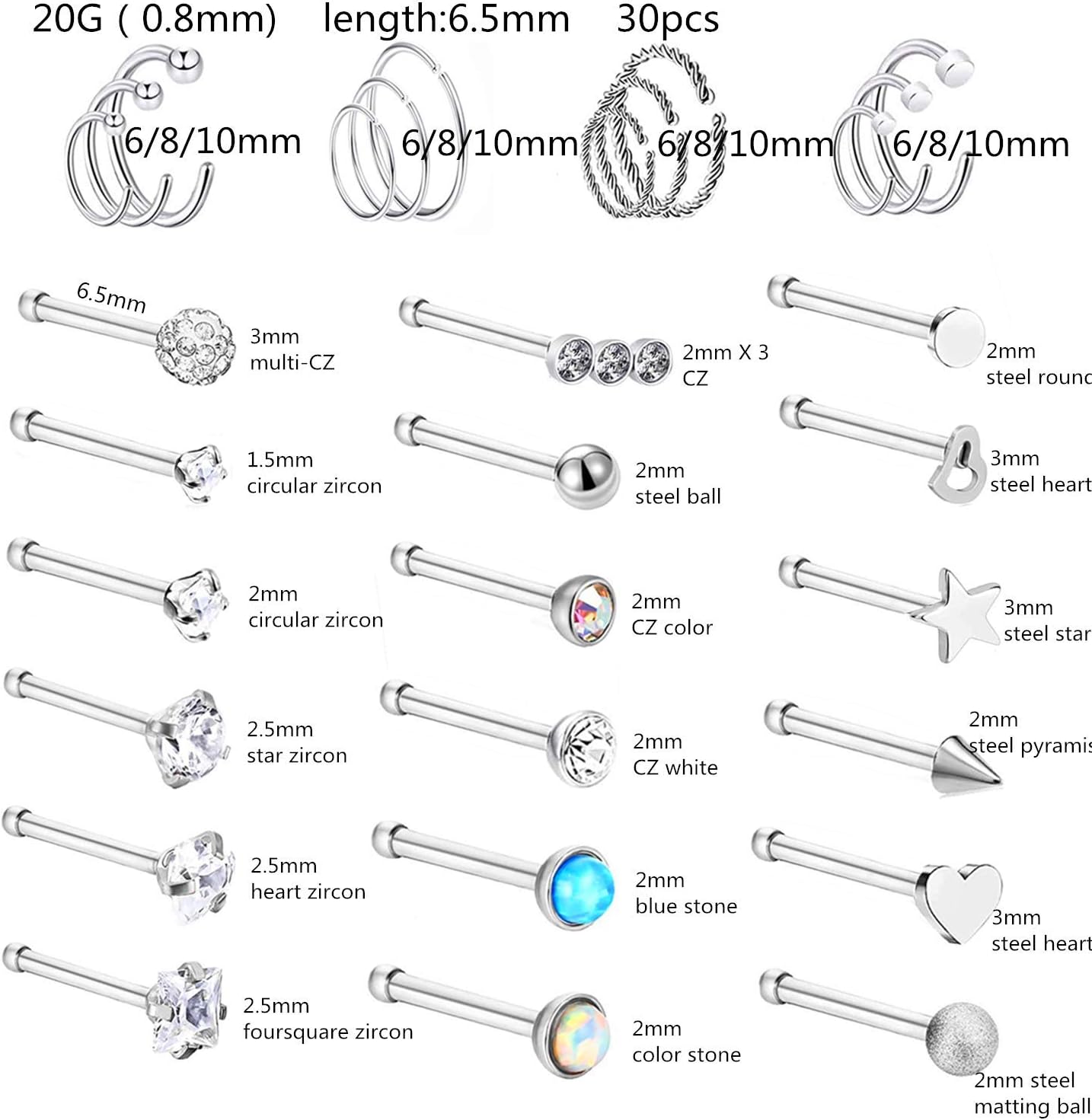 N/D 20G 30Pcs Nose Ring, CZ L Bone Screw Shape Nose Studs, Stainless Steel Body Piercing Jewelry, Women Men Silver Tone