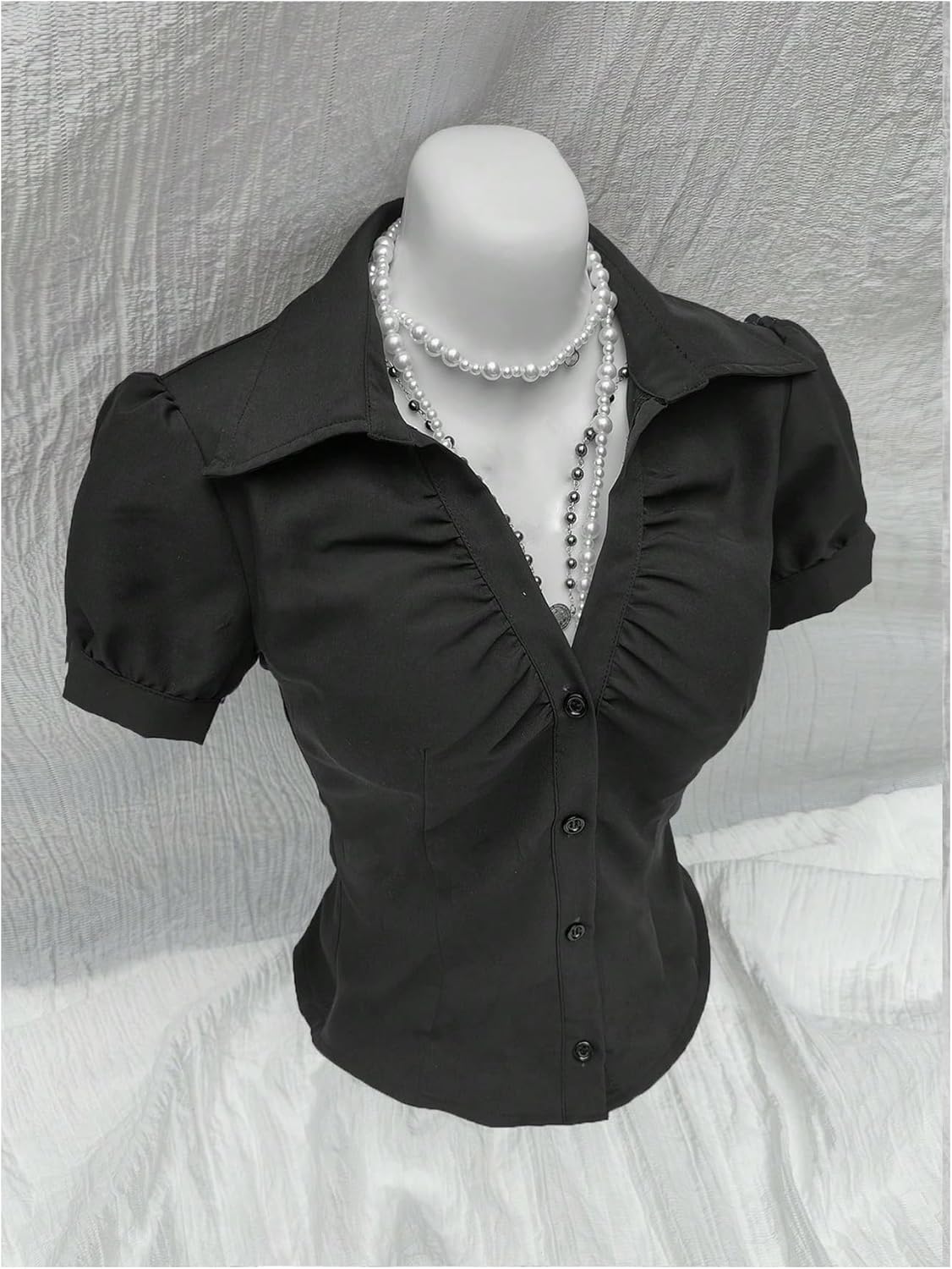 Women's Summer Puff Sleeve Ruched Blouses Button Down Collared Y2k Shirts Going Out Tops - Image 3
