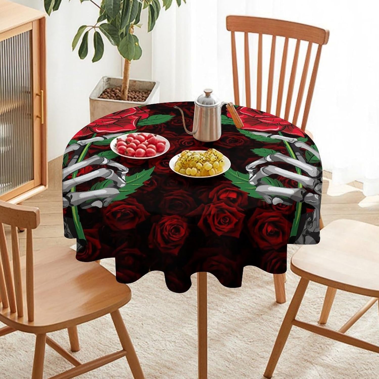 Rose Flower Round Tablecloth, Skeleton Hand Floral Leaves Window Curtains, Halloween Horror Print Tablecloth for Home Party Dining Room Kitchen Decor 50Inch(127cm)