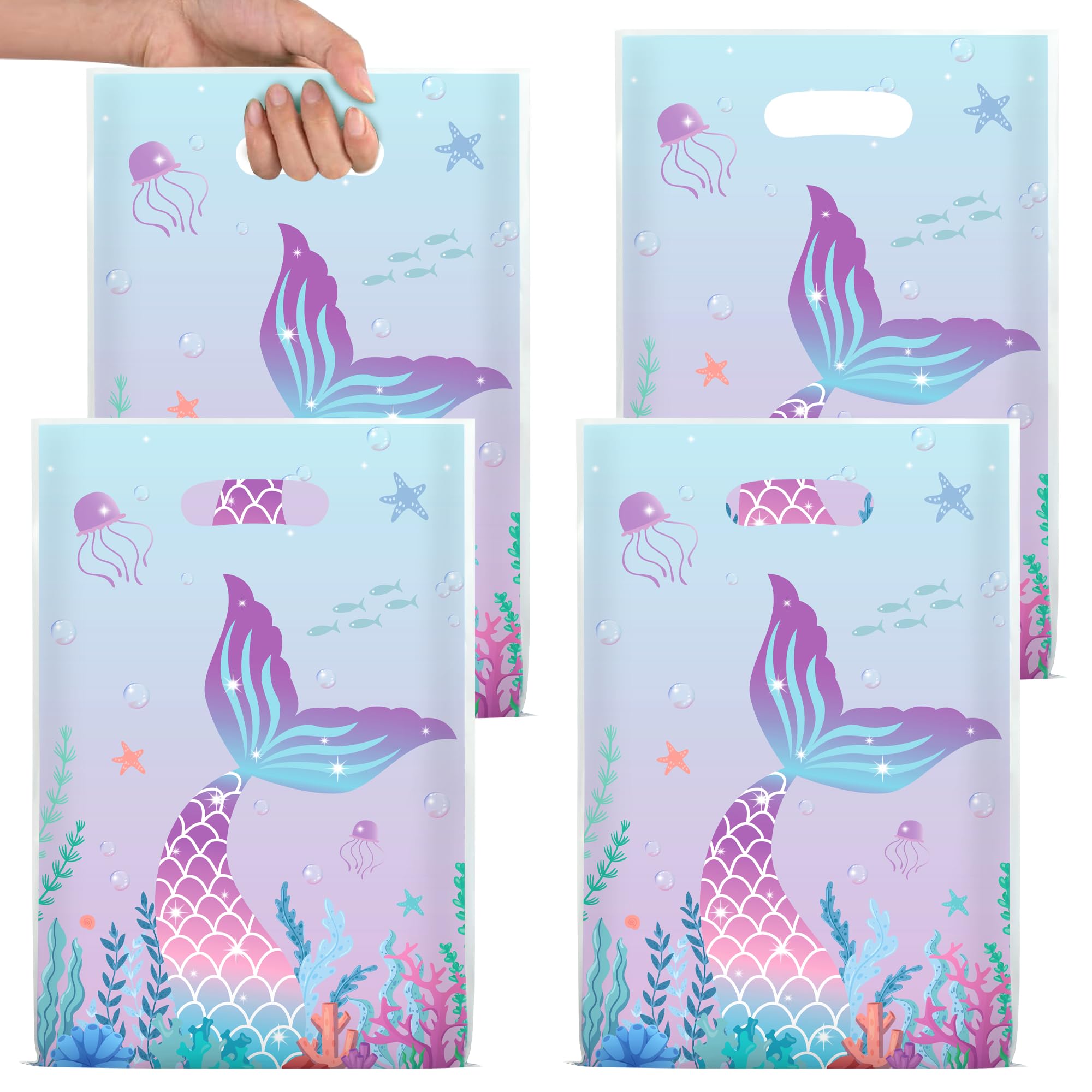 60pcs Mermaid Goodie Bags Under the Sea Plastic Gift Bag Party Favor Candy Bags Mermaid Tail Treat Bag with Handles for Girls Birthday Party Supplies
