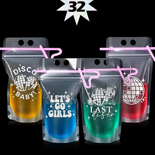 Hoolerry 36 juegos de bolsas de discoteca para bebidas de adultos, bolsas de bebidas de fiesta de los años 70 con pajitas, bolsas resellables con