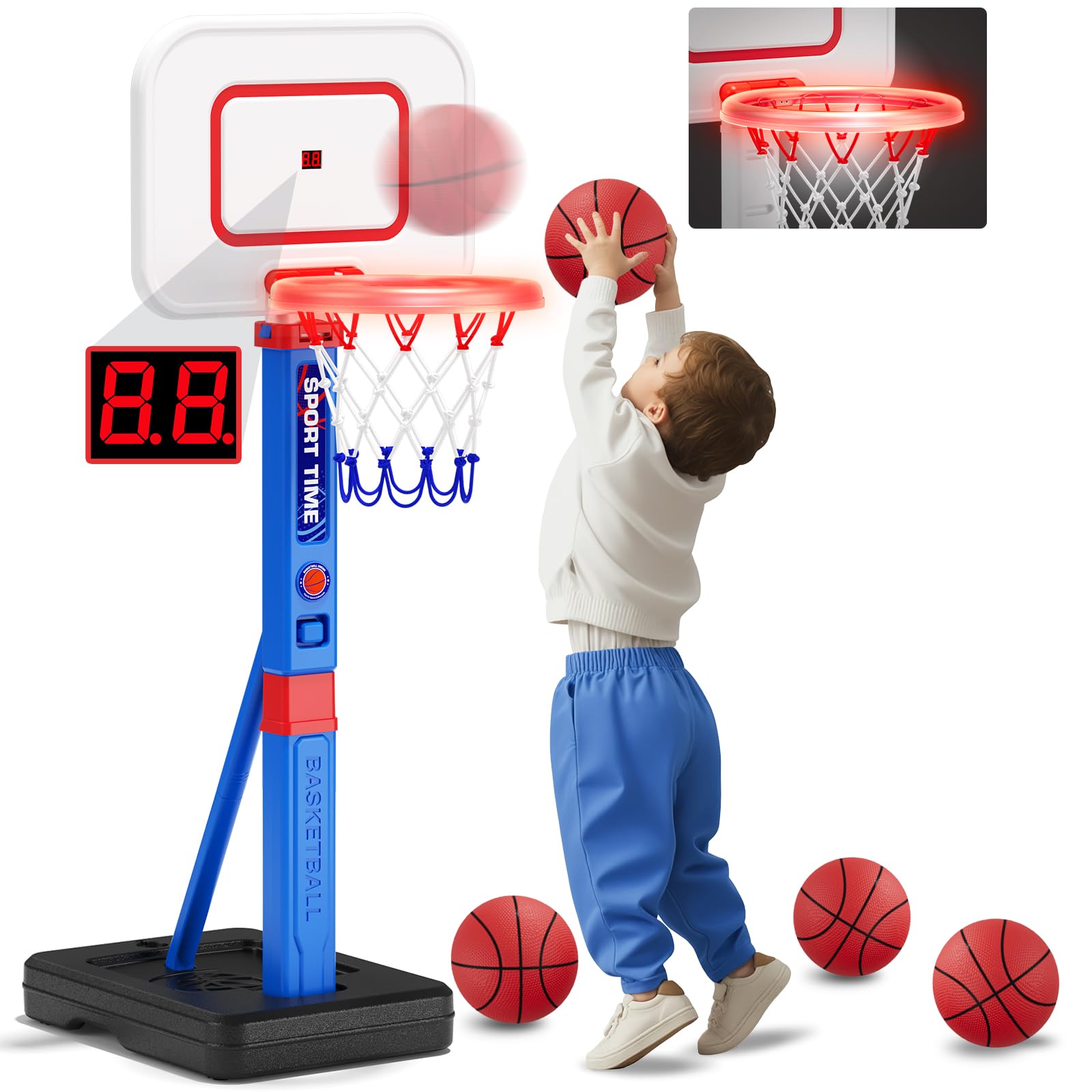 hyes toddler basketball hoop with scoreboard/led basketball rim/4 balls, 55" height adjustable basketball hoop for kids 3-5, indoor outdoor sport toys birthday gifts for baby boys girls