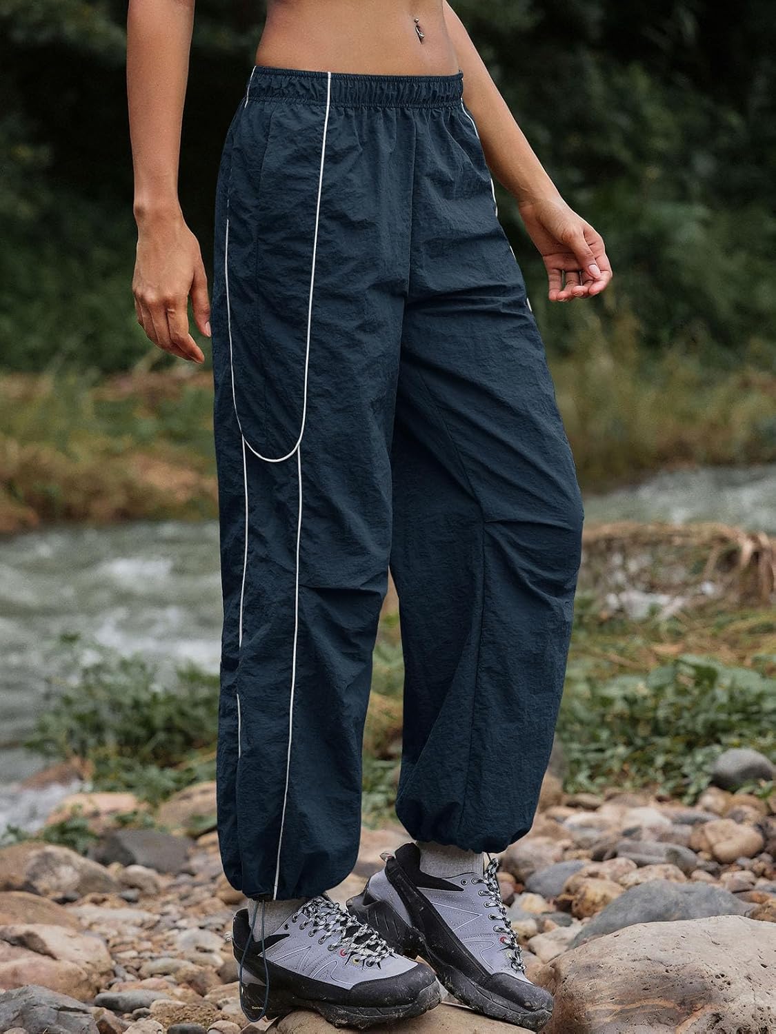 Yousify Womens Baggy Parachute Pants Wide Leg Elastic Waisted Contrast Track Pants Y2K Hiking Jogger Sweatpants with Pockets - Image 4