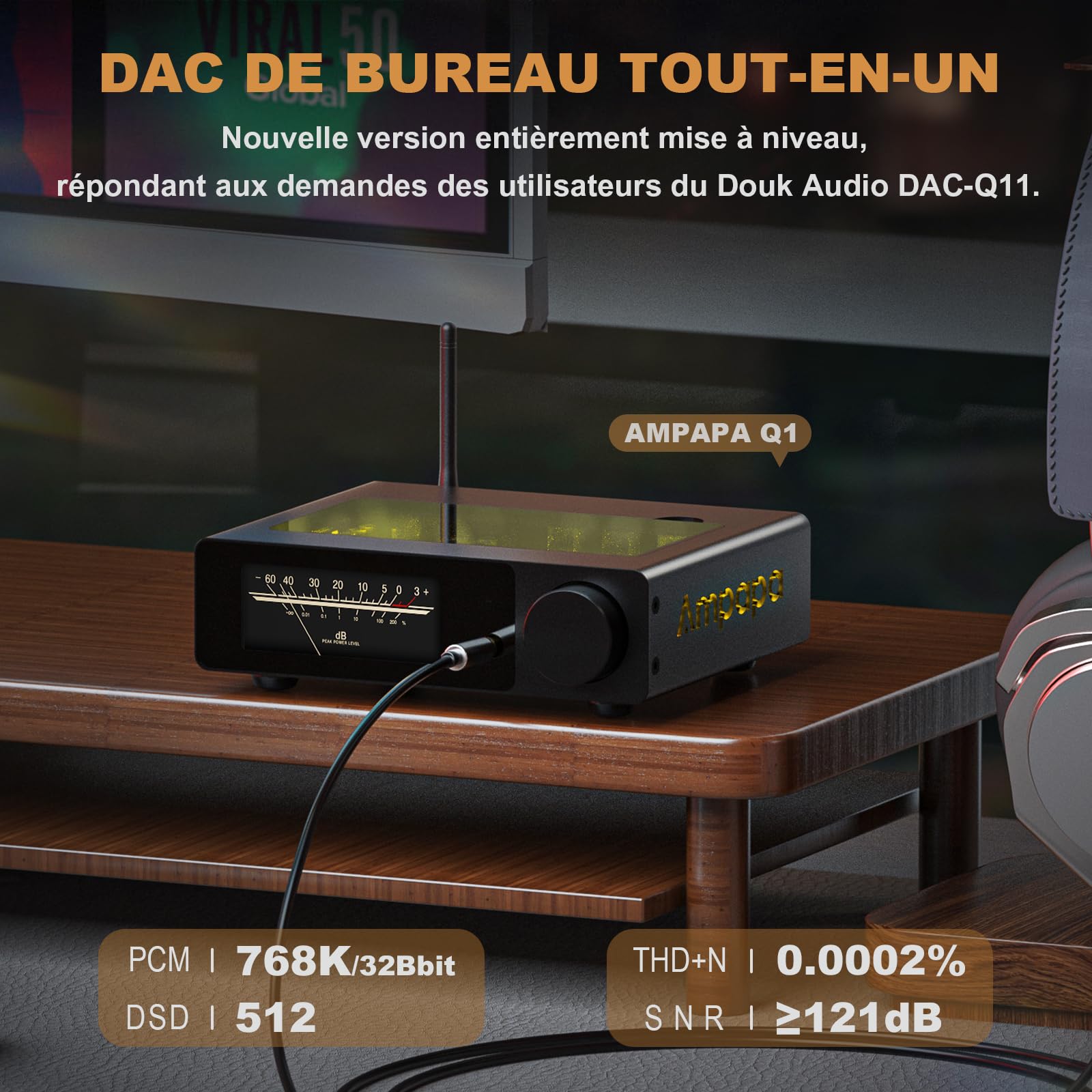 Convertisseur Numérique-Analogique Ampapa Q1: Adaptateur DAC USB HiFi 768kHz/32bit DSD512, Ampli Casque Bluetooth APTX-HD avec ESS9039+AK4493 pour Amplificateurs Stéréo Domestiques et Écoute de Bureau