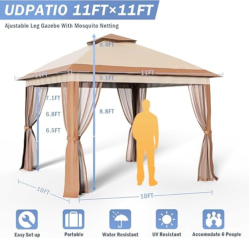 Miniatura 2 de UDPATIO Gazebo desplegable de 11 x 11 pies, para patio al aire libre, impermeable, con mosquitera, para césped, jardín, patio trasero y cubierta,