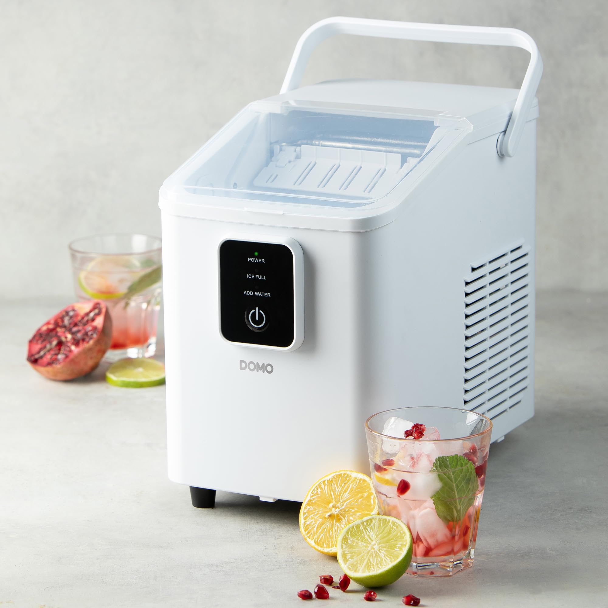DOMO DO9292IB - Máquina para hacer cubitos de hielo con pala de hielo – 0,8 l – 9 cubitos de hielo en 8 minutos – 12 kg en 24 horas – Pequeña máquina de hielo portátil con mango – Blanco