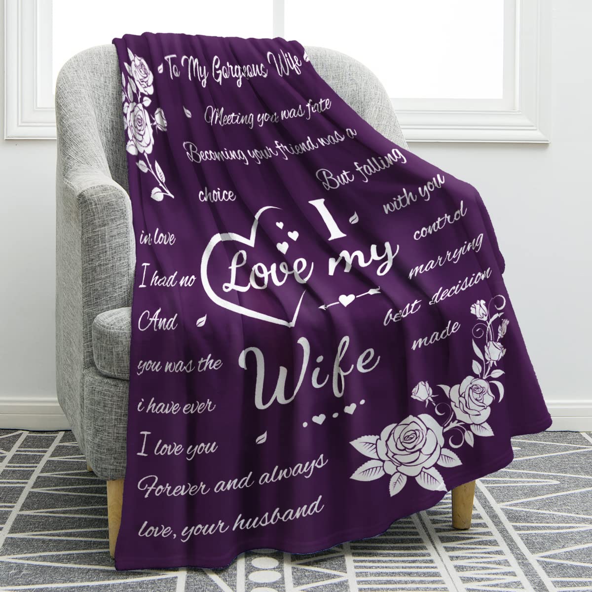 Jekeno Gifts for Wife Blanket, Wife Gifts for Her from Husband for Wife Anniversary Birthday, for Wife Romantic Double Sided Printed Throw Blanket 50"x60" (Purple)