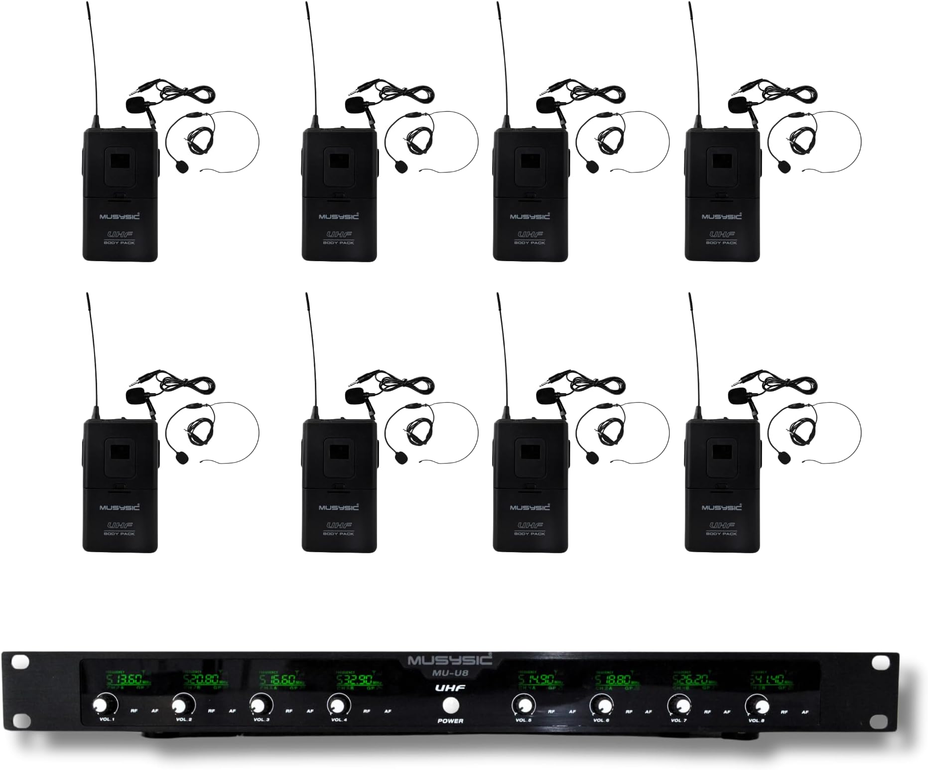 MUSYSIC8-Channel Professional Wireless UHF Microphone System, 300ft Range Fixed Frequency Bodypack Headset/Lapel Microphones for Singing, Karaoke, Church, DJ (Frequency Set 2)
