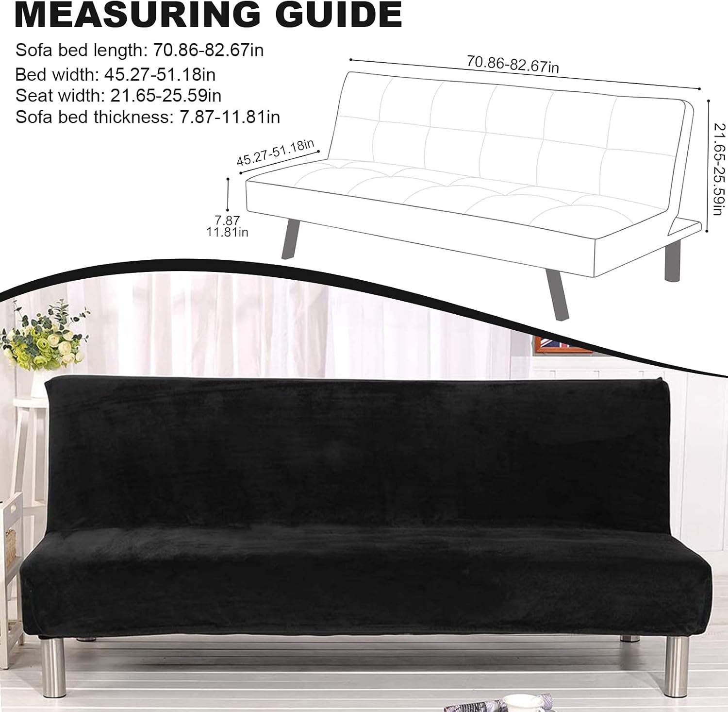 ele ELEOPTION Futon Cover Armless Sofa Slipcover Stretch Velvet Sofa Bed Cover Protector Elastic Spandex Modern Simple Folding Couch Futon Cover (Black+Thicker Plush)