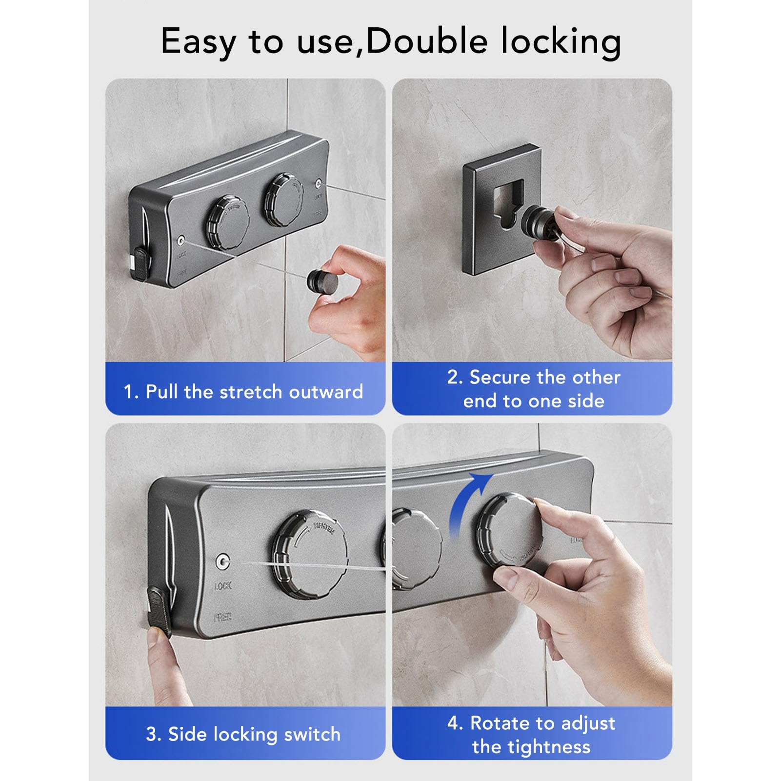 Keenso Tendedero extensible para interiores, cuerda doble de pared, alambre de acero inoxidable 304, base de aluminio ABS y espacio de aluminio, 28 x 9,4 x 4,6 cm, para baño en el balcón (gris)