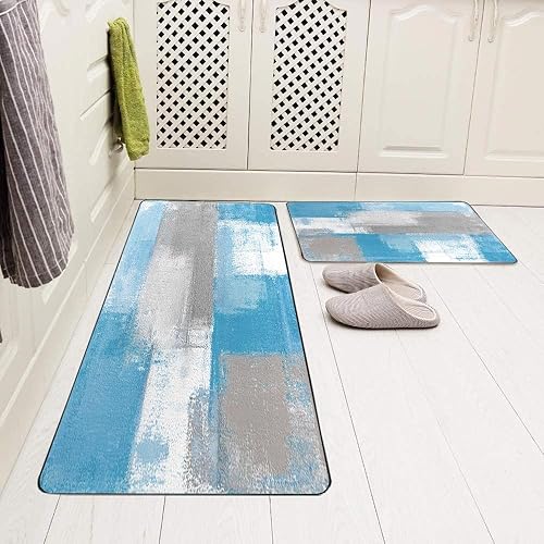 Vista 72 de TOMWISH - Tapetes de cocina para piso, color turquesa, gris, abstracto, pintura artística, 17 x 48 + 17 x 24 pulgadas, juego de alfombras de cocina