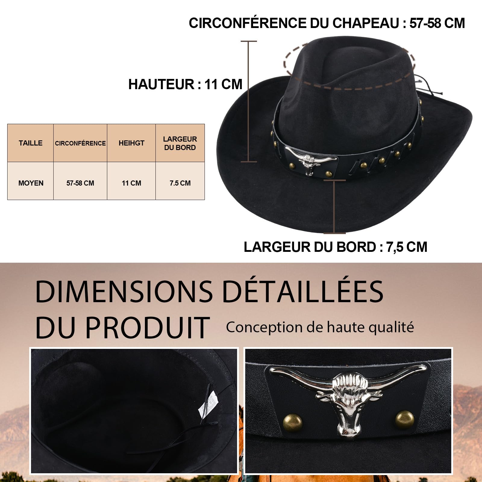 MYKAGS Chapeau de Cowboy pour Femmes et Hommes, Chapeaux Western en Daim, Chapeau Panama, Chapeaux de Cow-Boy à Large Bord, Cow-Girl Western en Daim
