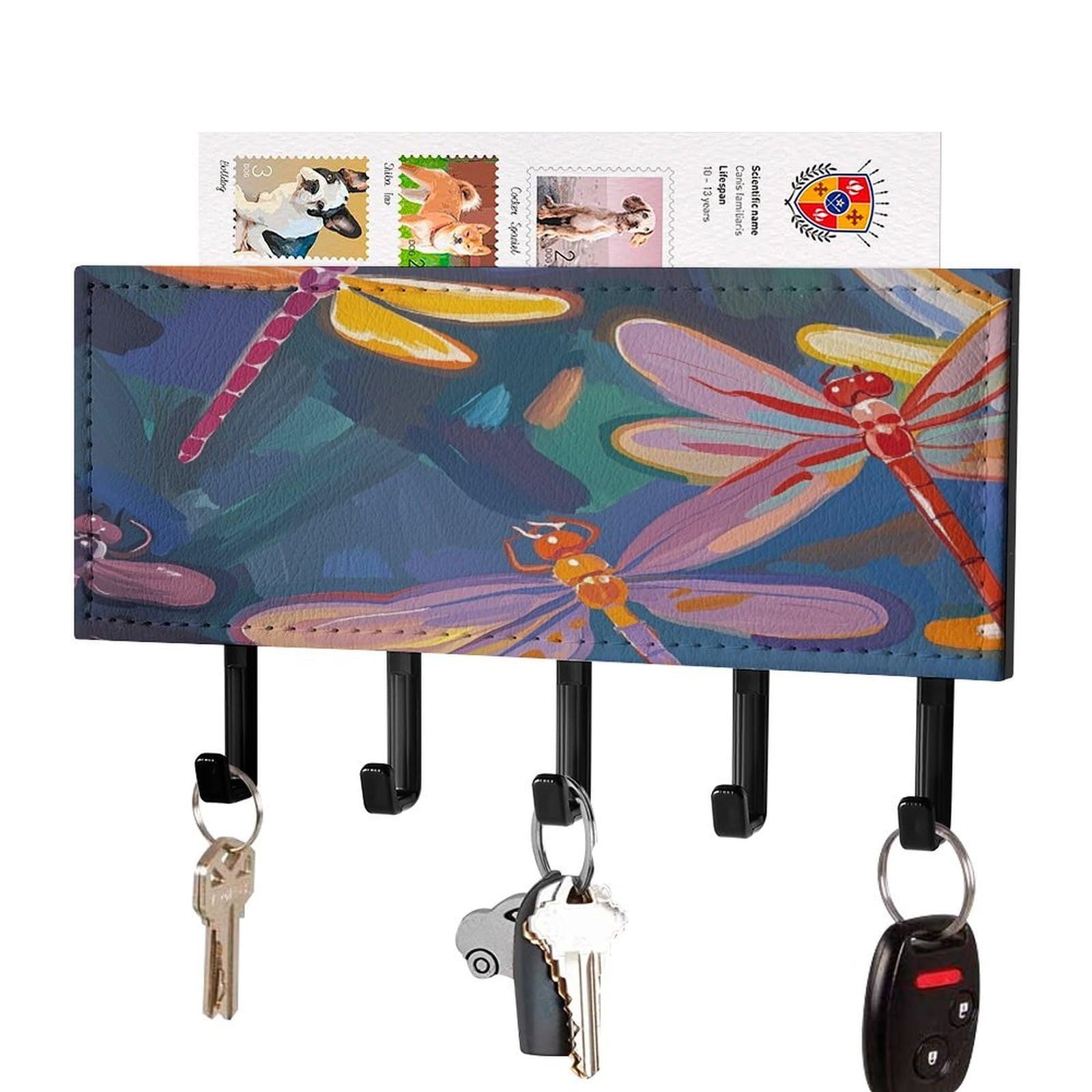 FekiLoot Hand Painted Dragonfly Key Holder Wall Mount Key Hanger with 5 Hooks Decorative Key Rack Hanging Key Hooks with Mail Organizer Key Holder for Wall Living Room Kitchen Bathroom Hallway Black