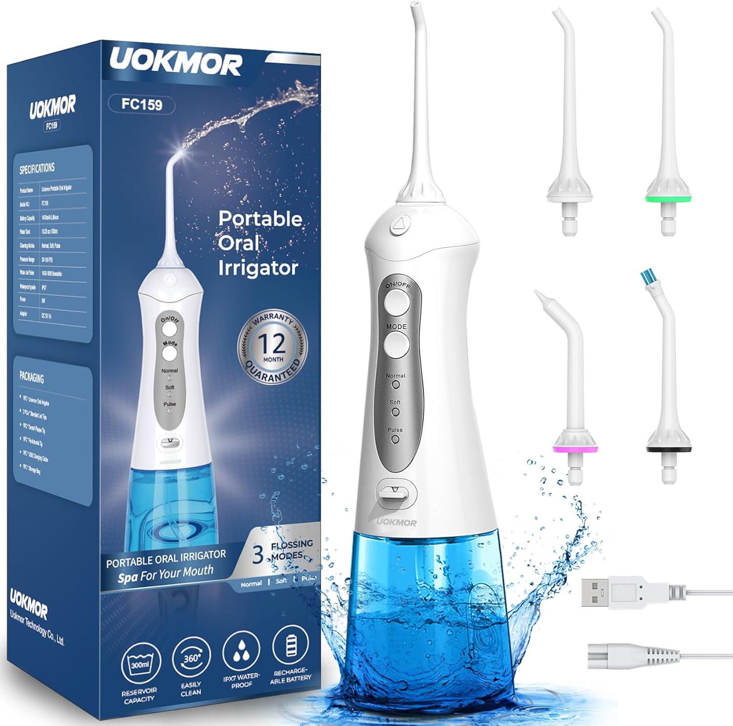 Cordless Water Flosser for Teeth Professional Water Teeth Cleaner Picks Dental Oral Irrigator with 3 Modes & 4 Jet Tips for Braces Gums, IPX7 Waterproof, 300ml Detachable Tank for Home Travel Blue