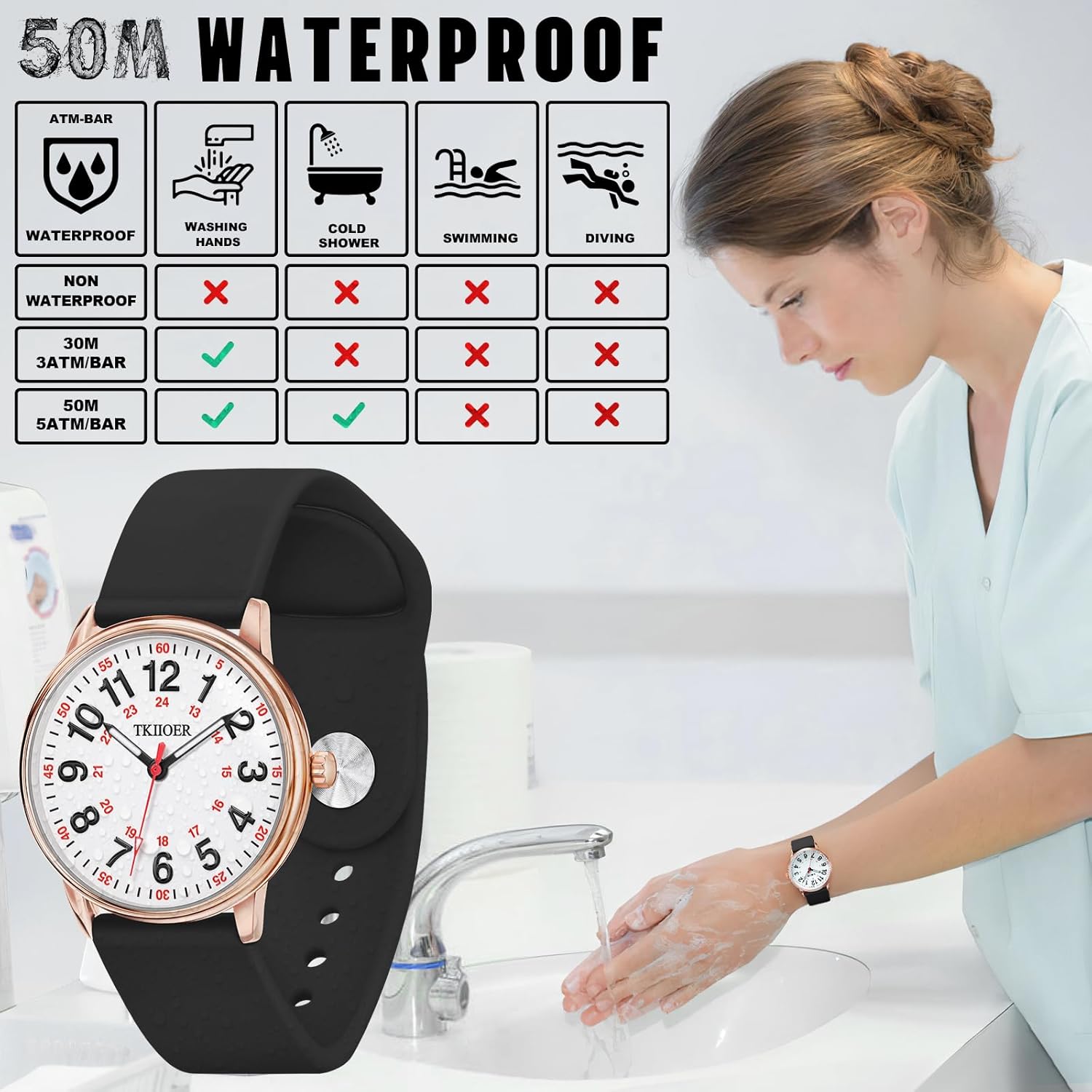 Nurse Watch for Nurse Medical Professionals Students Women Men, 50M Waterproof 12/24 Hour Military Time Luminous Easy Read Dial, Second Hand Watch for Nursing - Image 3