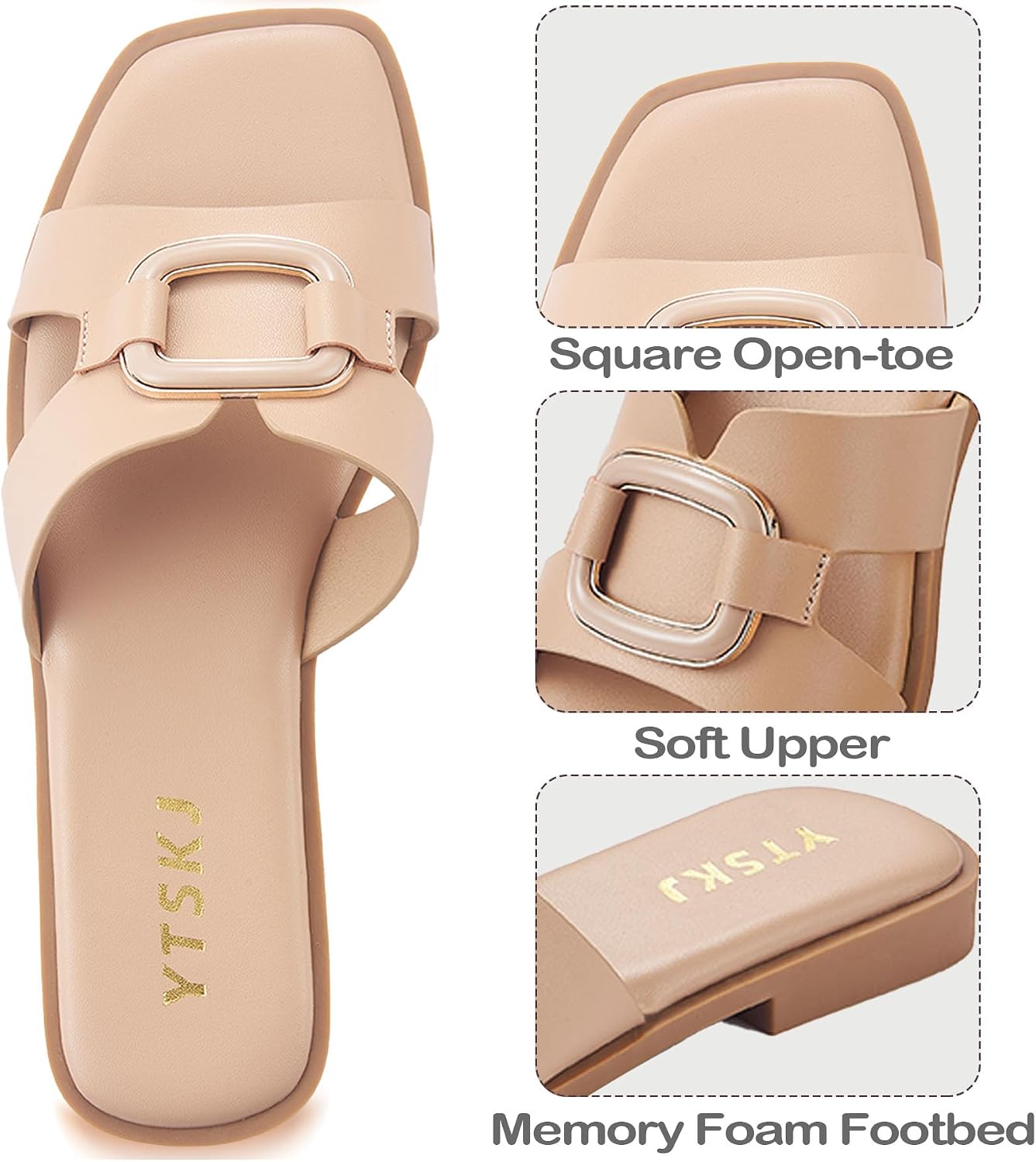 Womens Sandals Slip On Flat for Summer Comfortable Ladies Dressy Fashion Square Open Toe Slides Faux Leather Casual Shoes with Metal Decor Size 6-11
