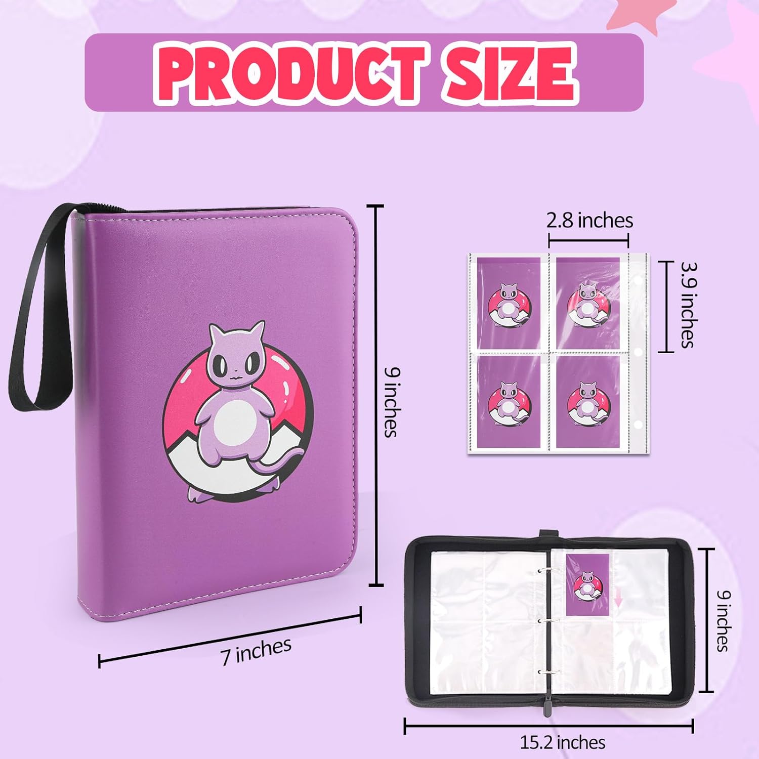 Premium Collectible Trading Card Albums，Card Binder Fits 400 Cards with 50 Removable Sleeves，Display Game Card Case book Holder, Purple Themes