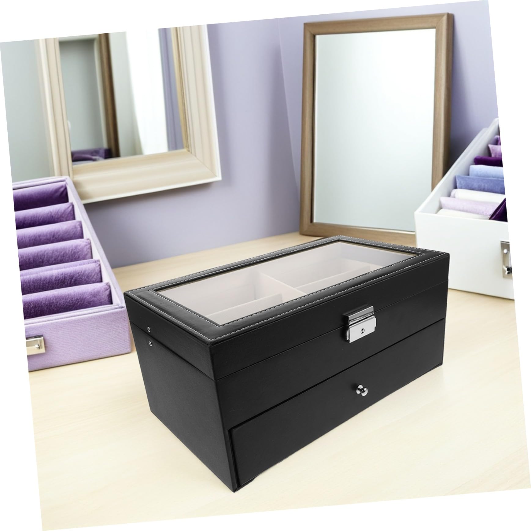 Generisch Doppelschichtige Brillenbox mit Fächern Weiche Innenpolsterung Hartschalen-brillenetui für Sonnenbrillen und Lesebrillen Vielseitiger Organizer für Zuhause Büro und Unterwegs