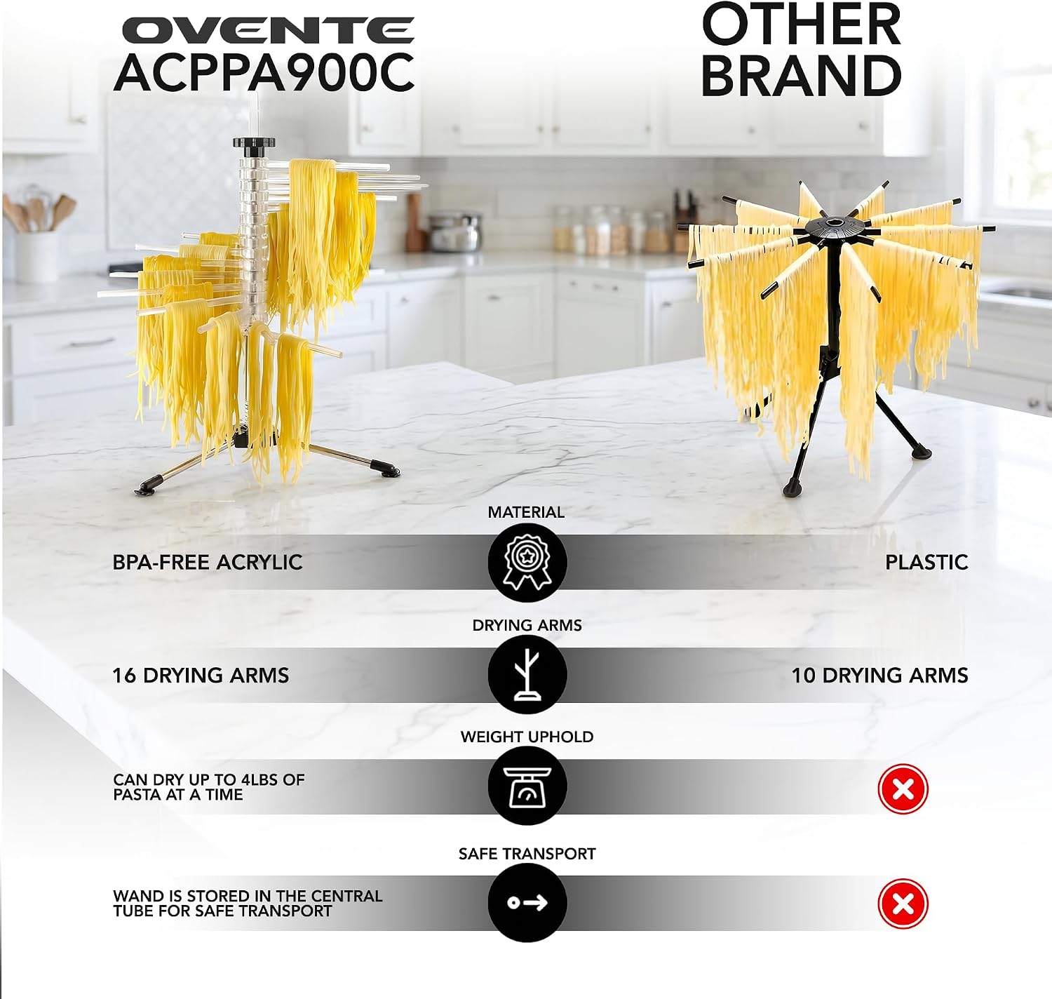 OVENTE Collapsible Pasta Drying Rack, 16 Rotating arms, Clear ACPPA900C image 4