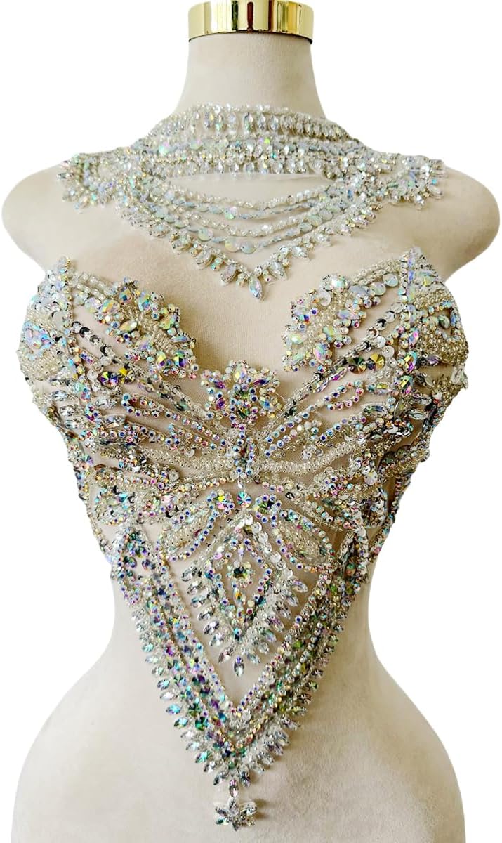 Handmade Rhinestones Applique sew on lace Crystal Sequins Trim Patches Accessories for Dress Clothing Neckline and Chest Decorative Material 2PCS/Set (Champagne)