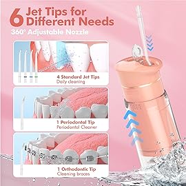 Water Flosser Mini Cordless Portable: 5 Modes Travel Water Dental Floss with Telescopic Water Tank, IPX7 Waterproof Oral Irrigator for Teeth Cleaning Gums,Orthodontic,Braces Dental Care (Peach Fuzz)