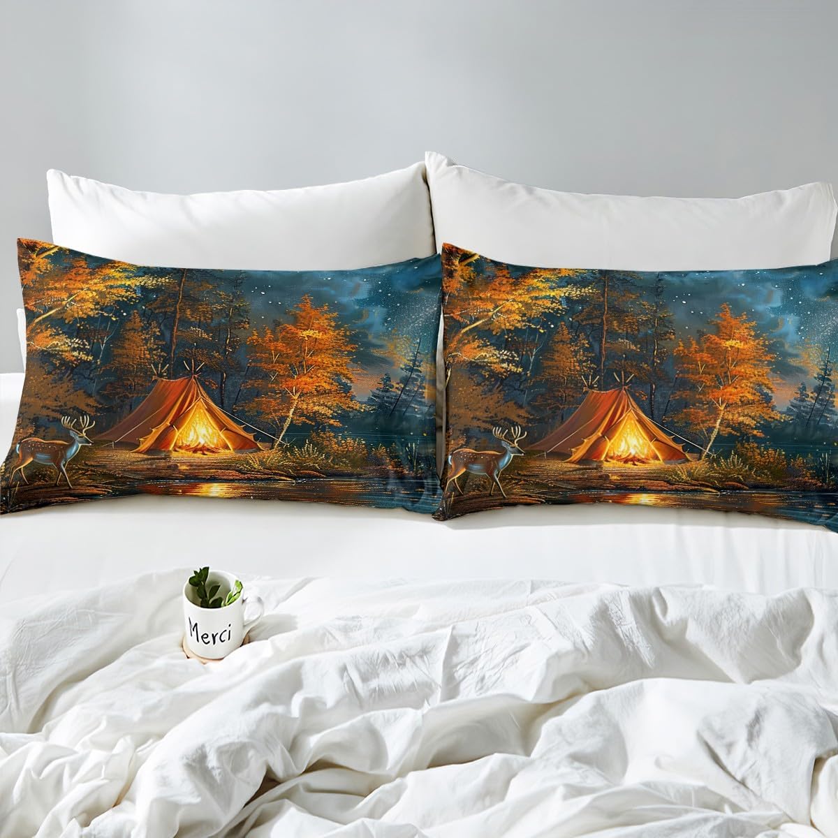 Happy Camper Mattress Cover Queen Size,Campfire Tent Jungle Trees Galaxy Fitted Sheet with 2 Pillowcases,Rustic Deer Hunt Cabin Decor Polyester Mattress Protector for Kids,(No Top Sheet)