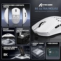 ATTACK SHARK R5 Ultra Szénszálas Gamer Egér, 39g Szuperkönnyű, 8000Hz Vezeték Nélküli, 42000 DPI, Bluetooth/2.4G/Vezetékes, Fehér 2