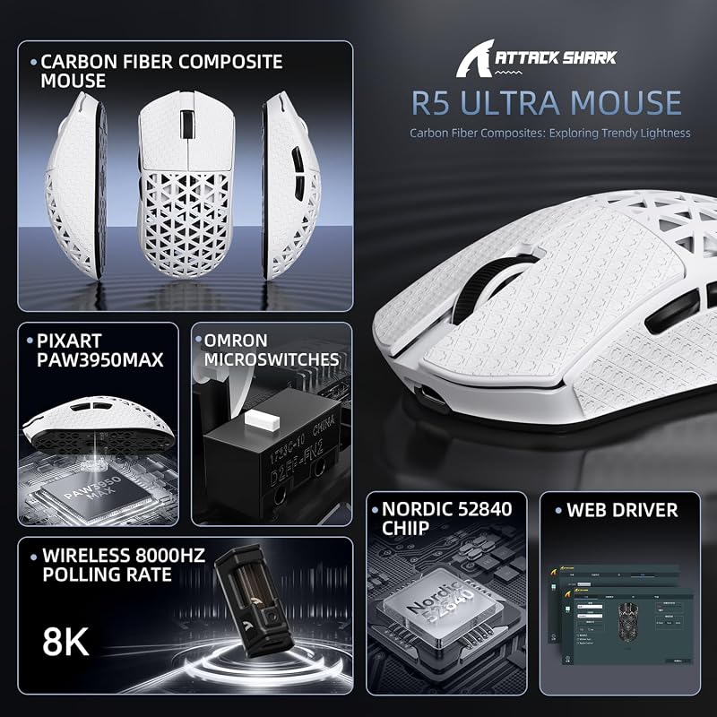 ATTACK SHARK R5 Ultra Szénszálas Gamer Egér, 39g Szuperkönnyű, 8000Hz Vezeték Nélküli, 42000 DPI, Bluetooth/2.4G/Vezetékes, Fehér