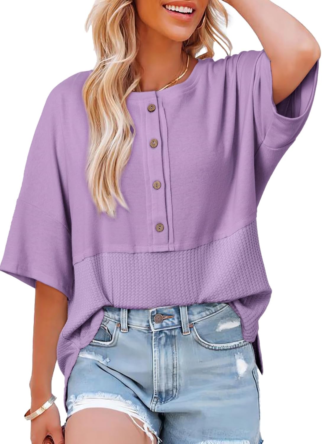Dokotoo Womens Waffle Knit Tops 2026 Fashion 3/4 Sleeve Casual Button Down Shirts Crew Neck Oversized Patchwork Blouses