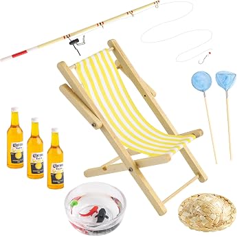 Miniature Fishing Rod Set, 9 Pieces Miniature Gnome Accessories, Fishing Chair, Fishing Net, Straw Hat, Fish Bowl with Fisher