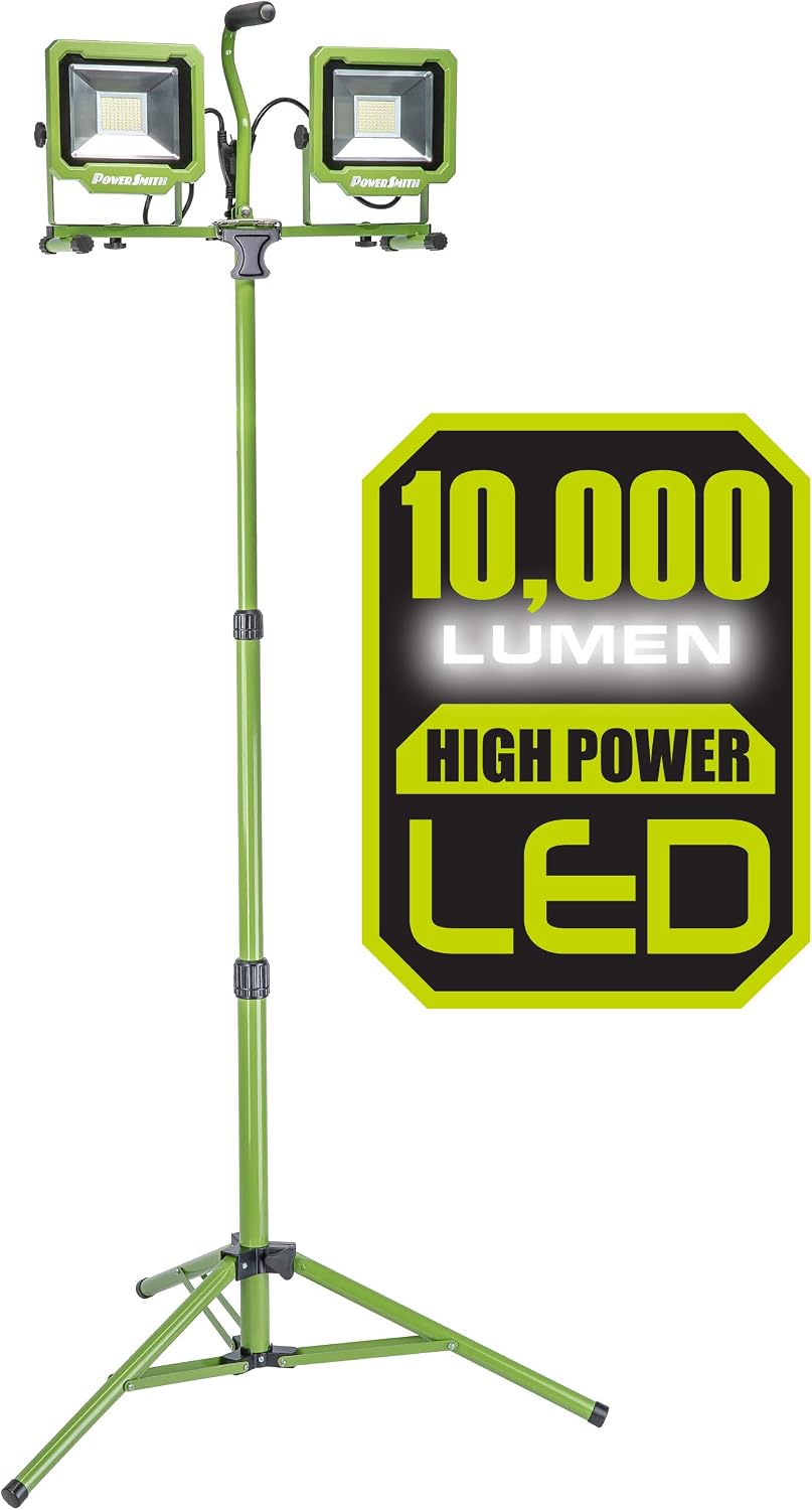 PowerSmith PWL2100TS 10000 Lumen Weatherproof LED Dual Head Work Light with Heavy-Duty Adjustable Metal Telescoping Tripod Stand, Green