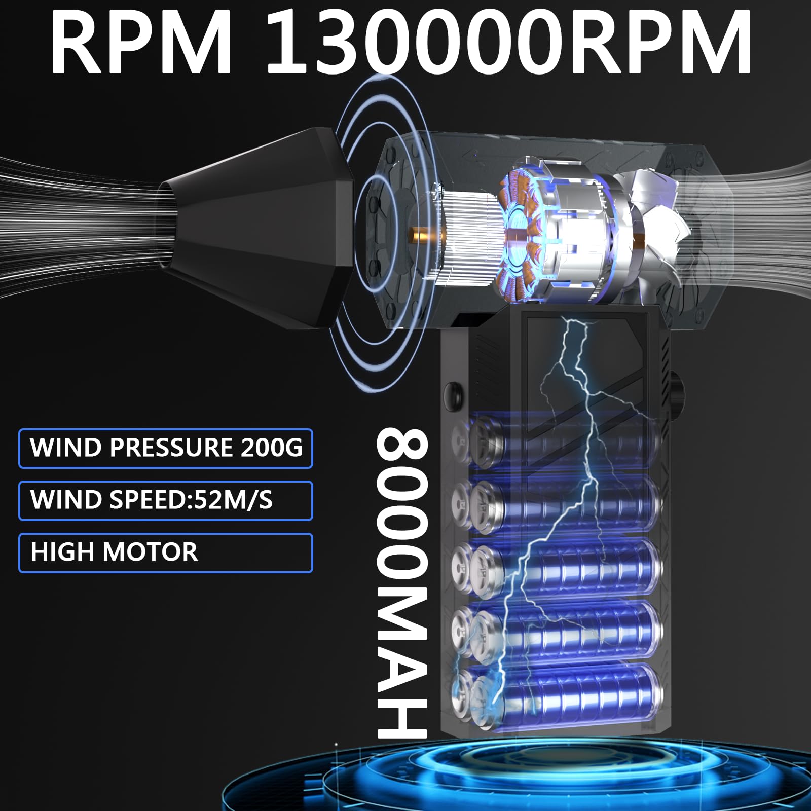Dépoussiéreur à air comprimé, dépoussiéreur électrique, super puissant 130 000 tr/min, mini souffleur à poussière pour clavier d'ordinateur, nettoyage de voiture, maison et extérieur