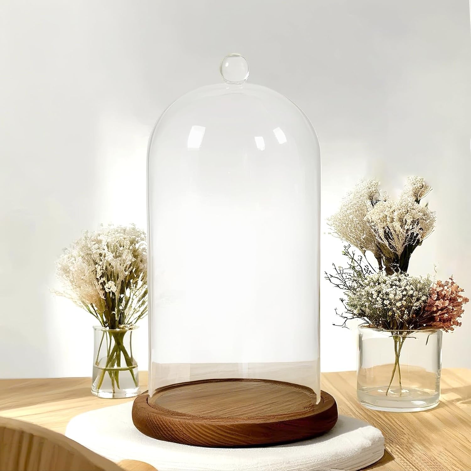 Glass Cloche Dome, 5 x 10 Inch Glass Bell Jar with Wood Base, Clear Display Case for Flower, Plant,Fairy Lights, Collectibles, Tabletop Decor